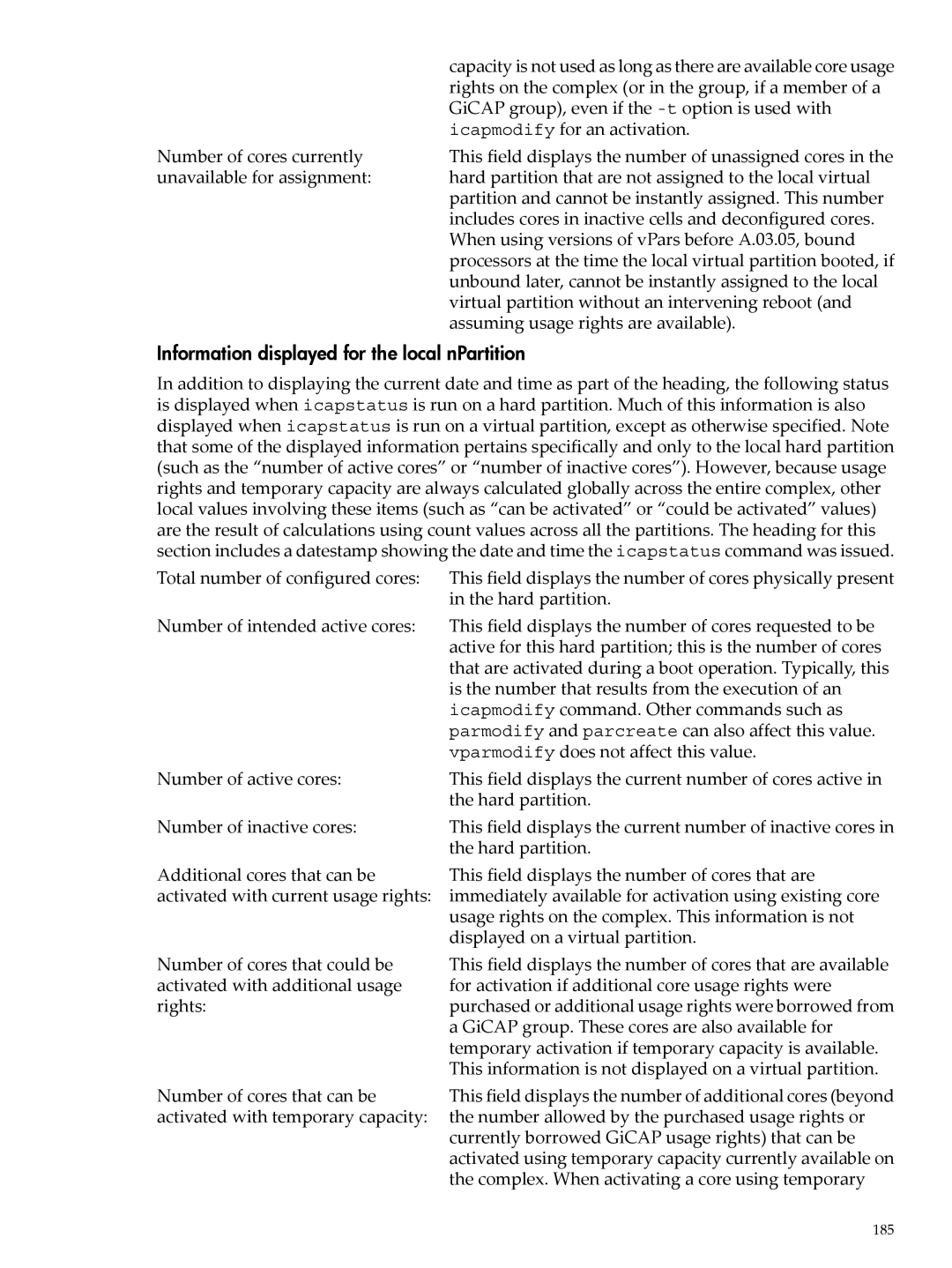 HP Instant Capacity (iCAP) manual Information displayed for the local nPartition 