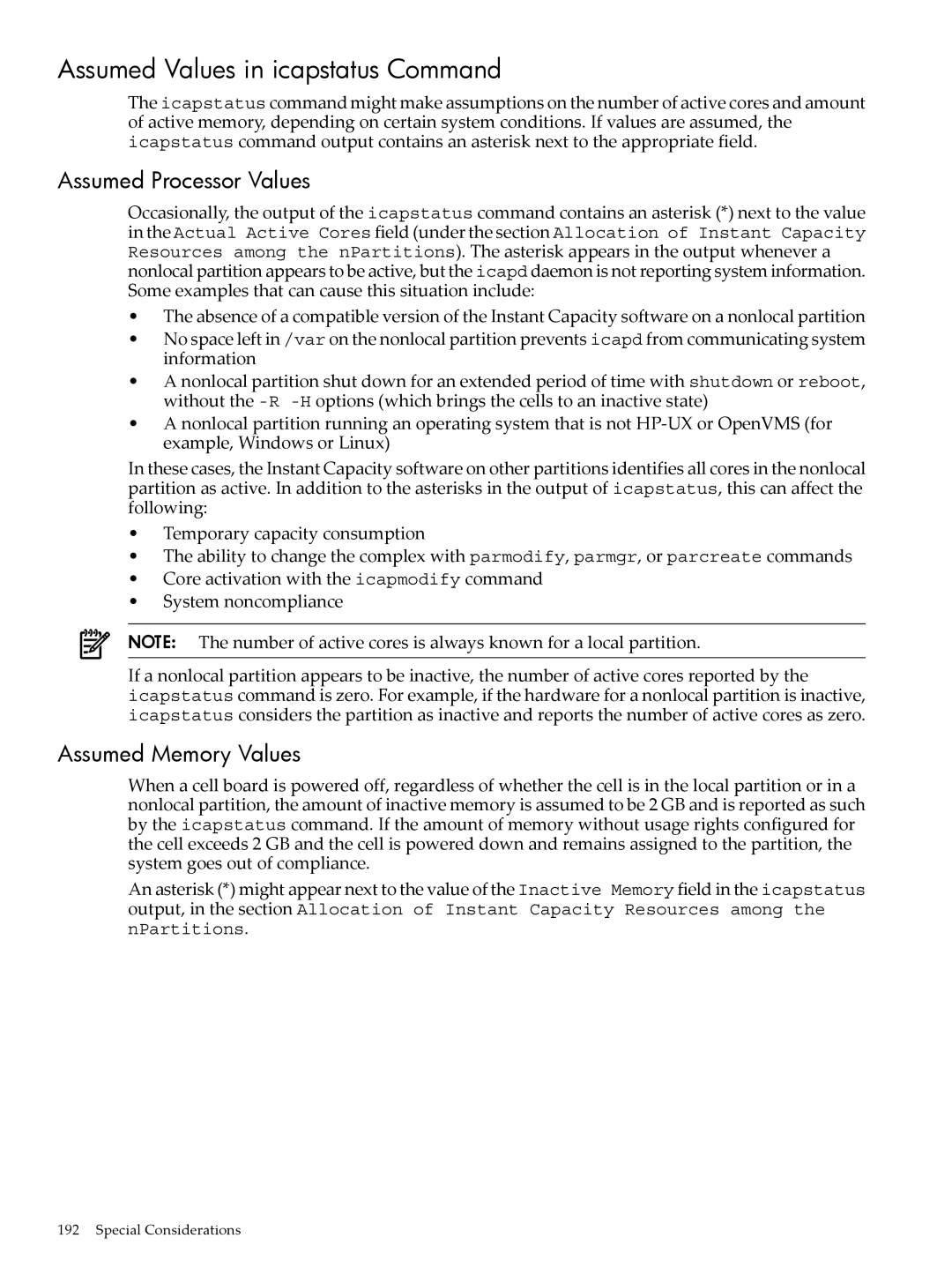 HP Instant Capacity (iCAP) manual Assumed Values in icapstatus Command, Assumed Processor Values, Assumed Memory Values 