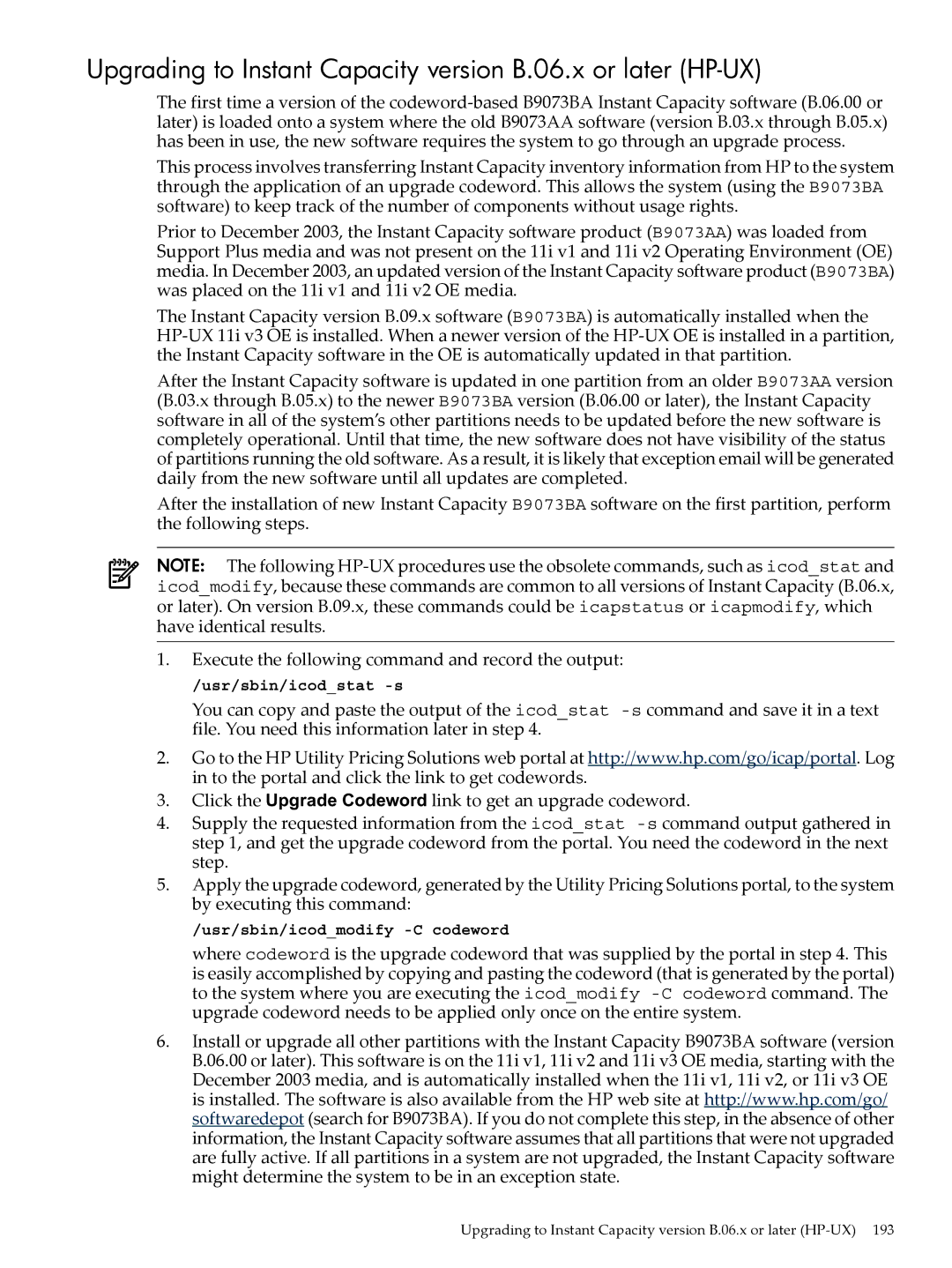 HP Instant Capacity (iCAP) manual Upgrading to Instant Capacity version B.06.x or later HP-UX 