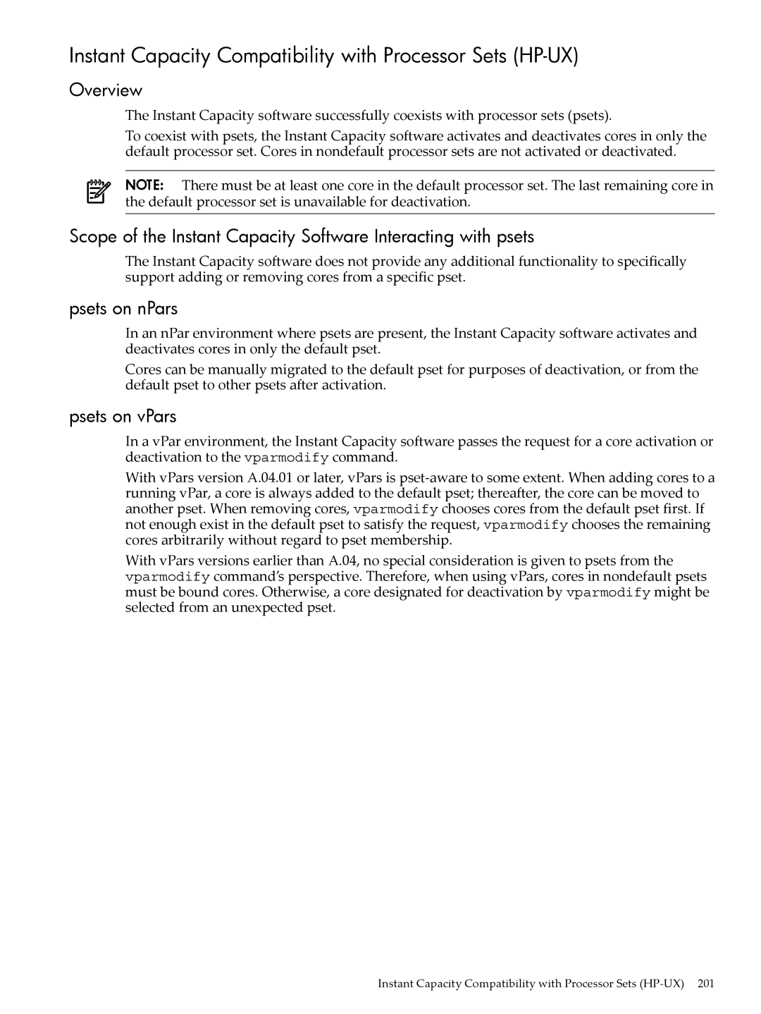 HP Instant Capacity (iCAP) manual Instant Capacity Compatibility with Processor Sets HP-UX, Psets on nPars, Psets on vPars 