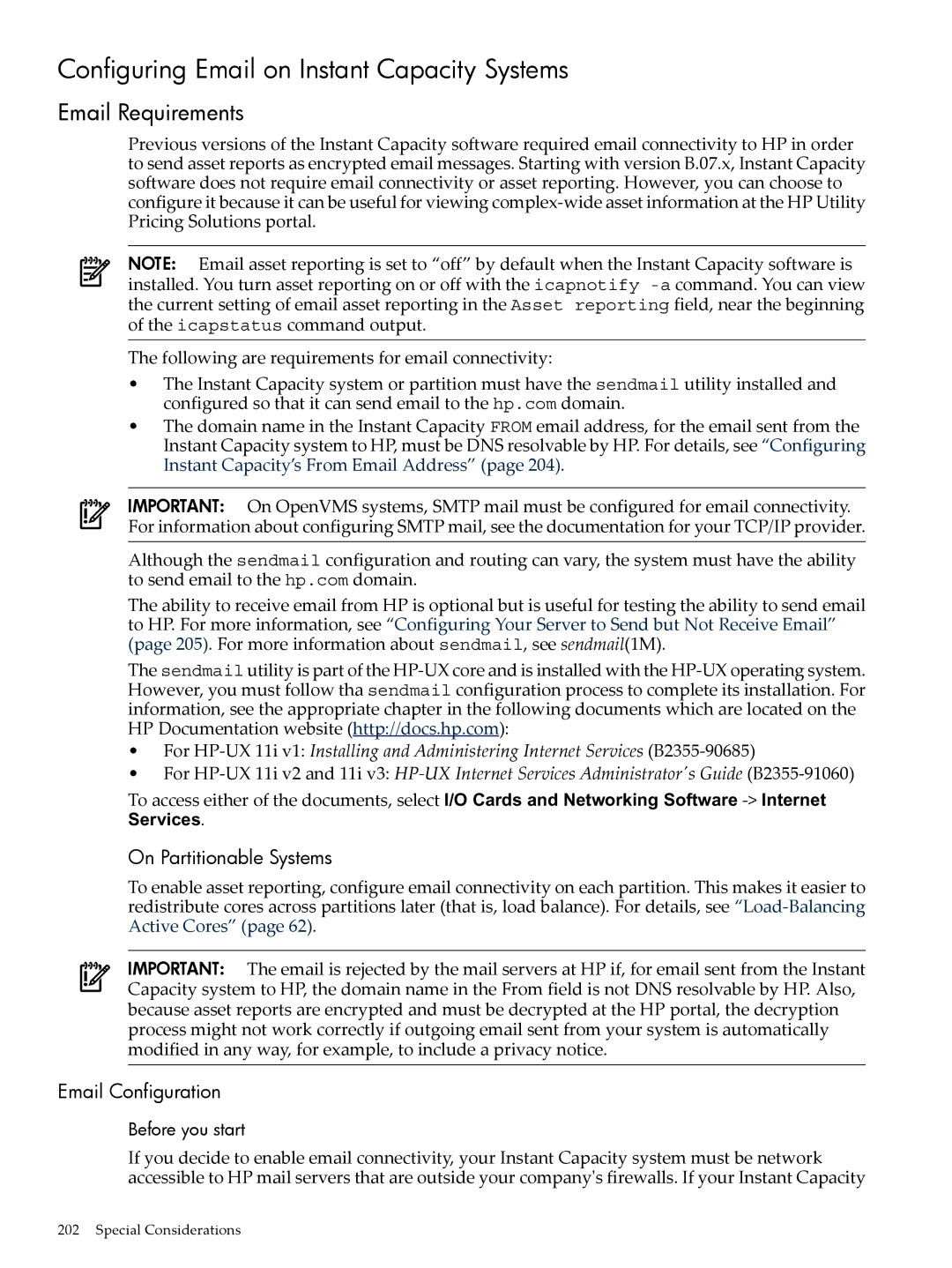 HP Instant Capacity (iCAP) Configuring Email on Instant Capacity Systems, On Partitionable Systems, Email Configuration 