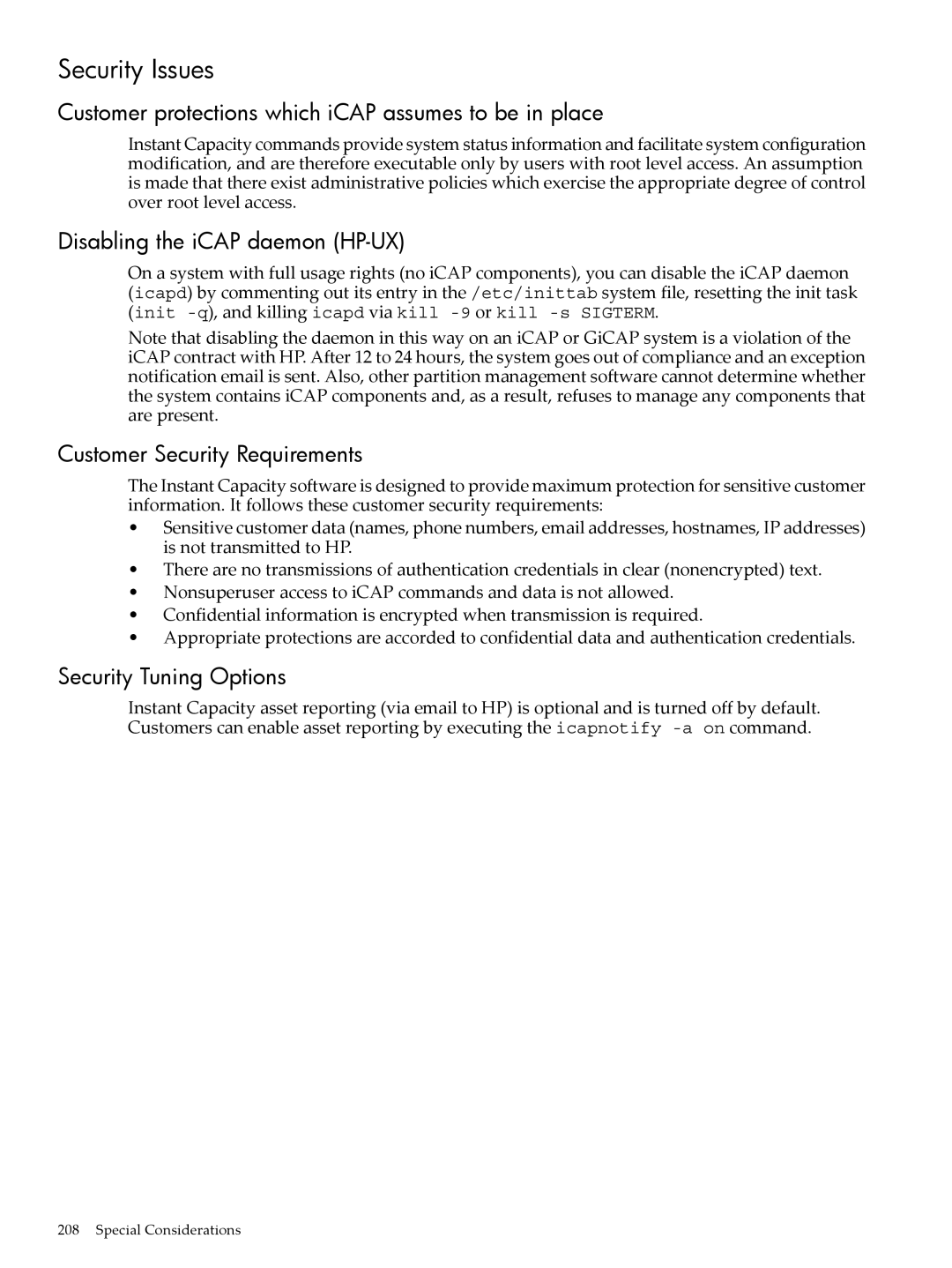 HP Instant Capacity (iCAP) manual Security Issues, Customer protections which iCAP assumes to be in place 