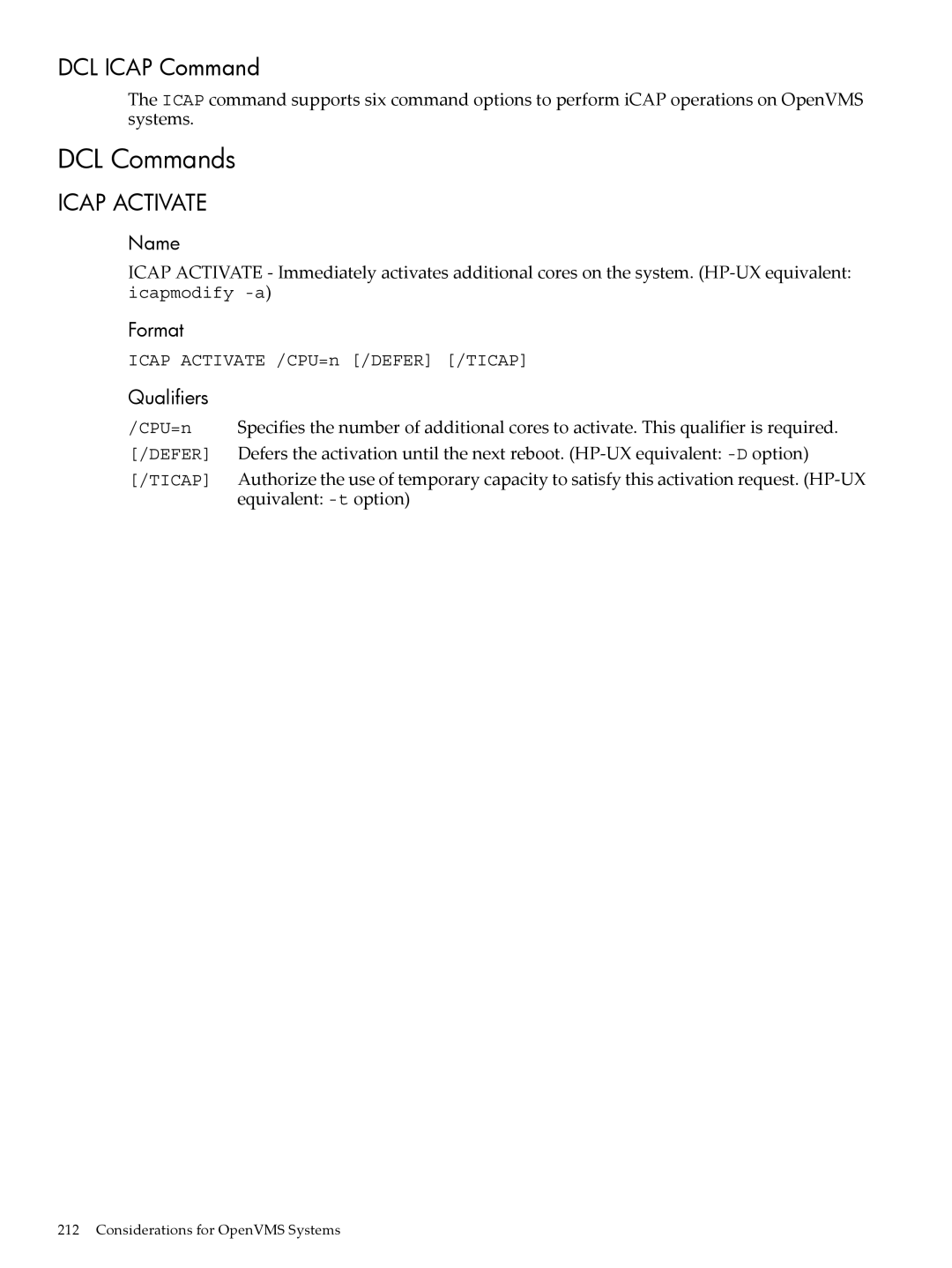 HP Instant Capacity (iCAP) manual DCL Commands, DCL Icap Command, Name, Format, Qualifiers 