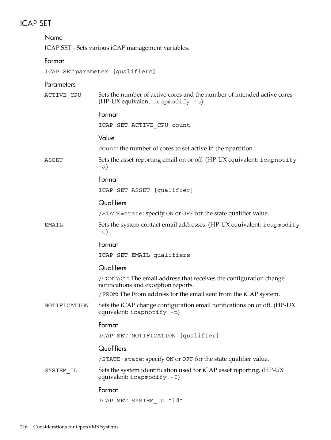 HP Instant Capacity (iCAP) manual Parameters, Value 