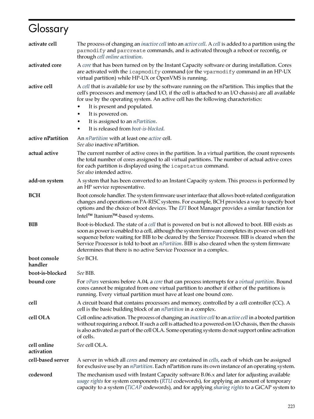 HP Instant Capacity (iCAP) manual Glossary, Activate cell 