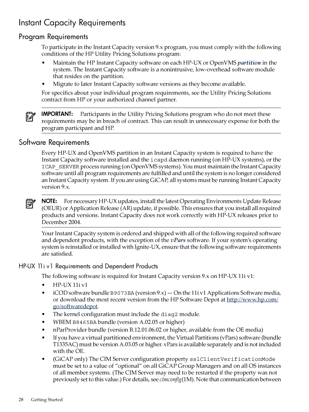 HP Instant Capacity (iCAP) manual Instant Capacity Requirements, Program Requirements, Software Requirements 