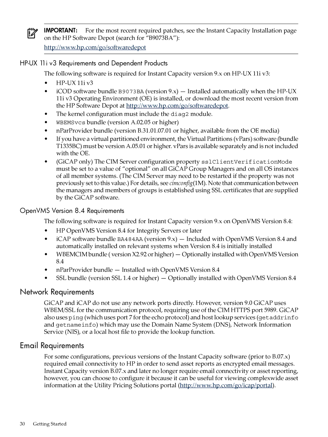 HP Instant Capacity (iCAP) Network Requirements, Email Requirements, HP-UX 11i v3 Requirements and Dependent Products 