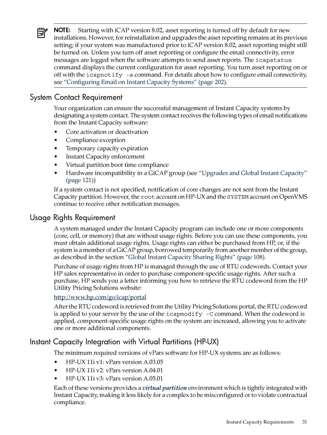 HP Instant Capacity (iCAP) manual System Contact Requirement, Usage Rights Requirement 