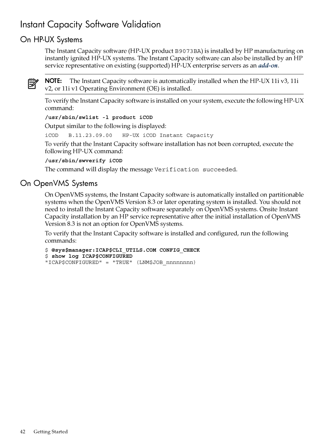 HP Instant Capacity (iCAP) manual Instant Capacity Software Validation, On HP-UX Systems, On OpenVMS Systems 