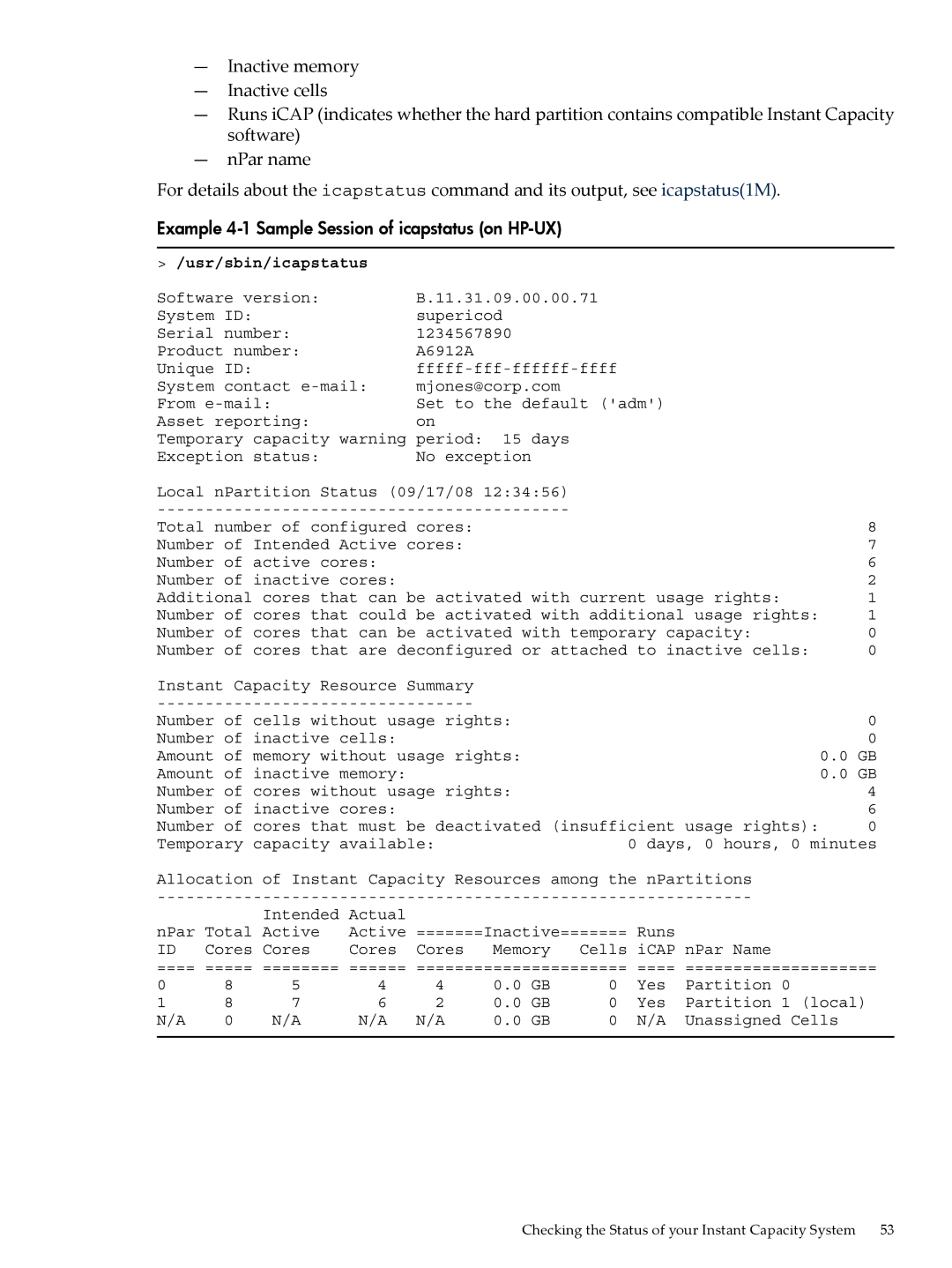 HP Instant Capacity (iCAP) manual Example 4-1 Sample Session of icapstatus on HP-UX, Usr/sbin/icapstatus 