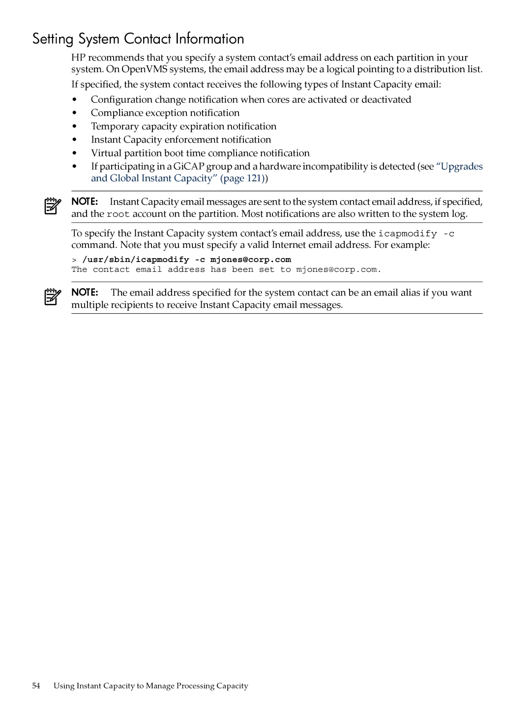 HP Instant Capacity (iCAP) manual Setting System Contact Information, Usr/sbin/icapmodify -c mjones@corp.com 