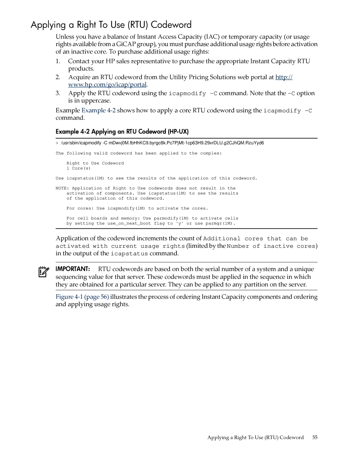 HP Instant Capacity (iCAP) manual Applying a Right To Use RTU Codeword, Example 4-2 Applying an RTU Codeword HP-UX 