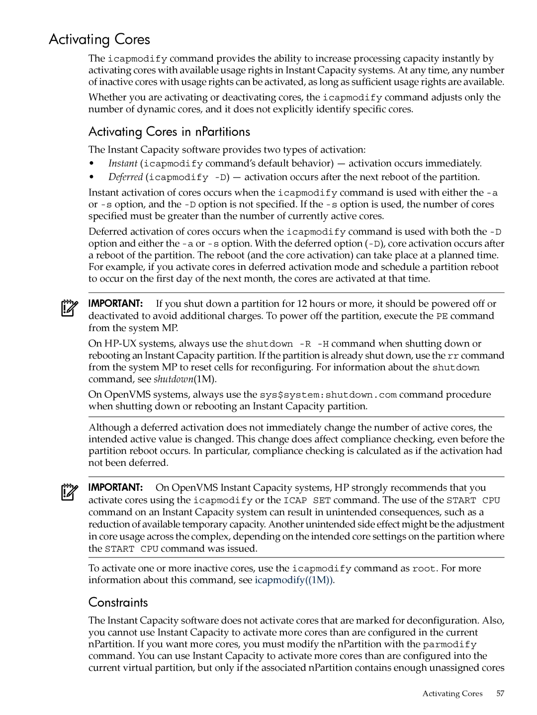 HP Instant Capacity (iCAP) manual Activating Cores in nPartitions, Constraints 