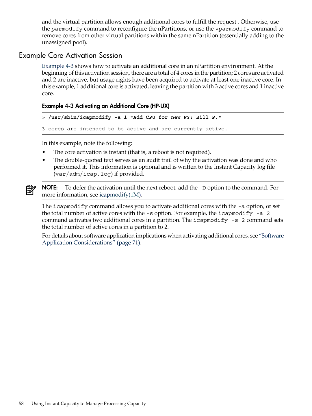 HP Instant Capacity (iCAP) manual Example Core Activation Session, Example 4-3 Activating an Additional Core HP-UX 