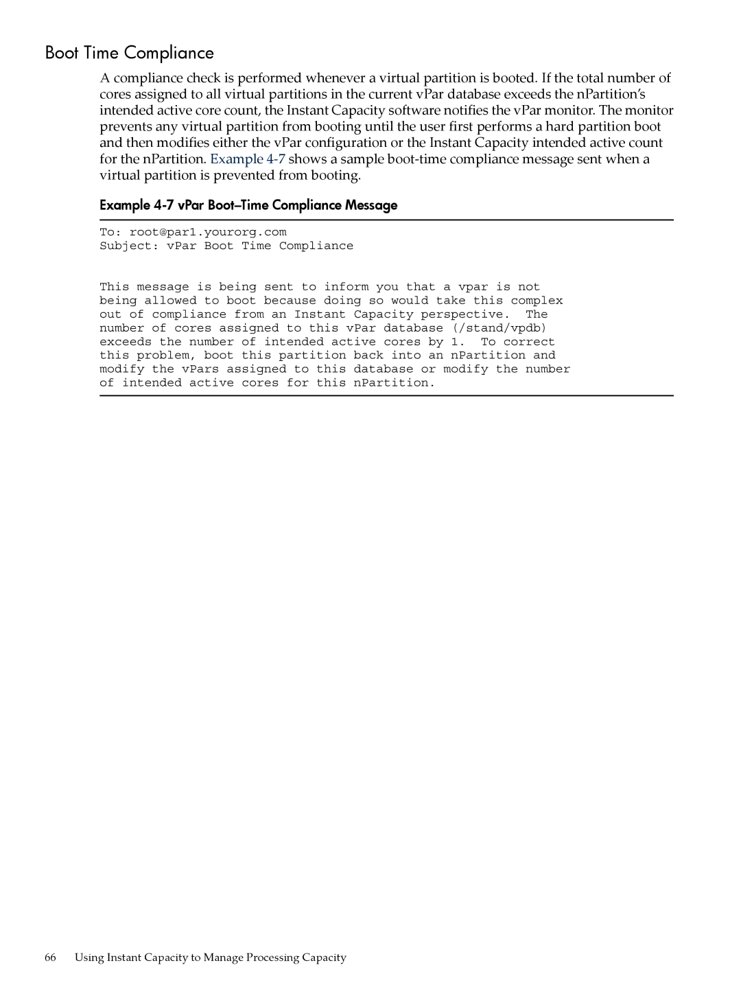 HP Instant Capacity (iCAP) manual Boot Time Compliance, Example 4-7 vPar Boot-Time Compliance Message 
