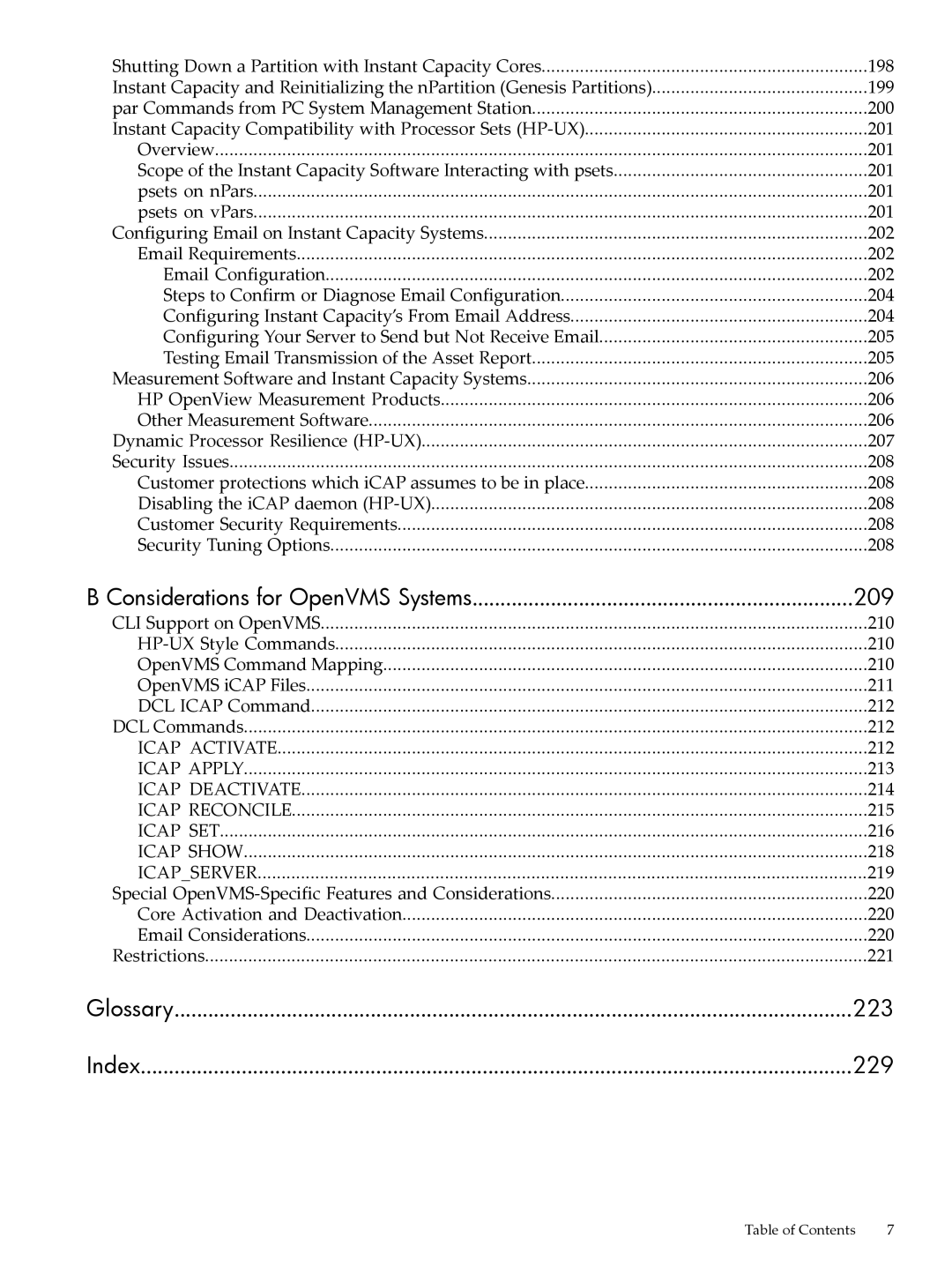 HP Instant Capacity (iCAP) manual 209, 223, 229 