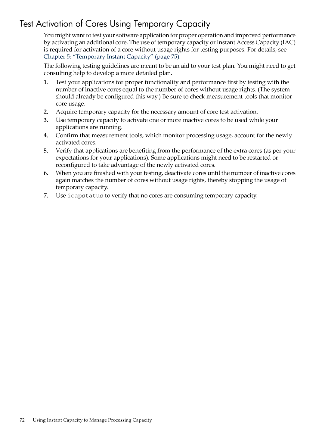 HP Instant Capacity (iCAP) manual Test Activation of Cores Using Temporary Capacity 