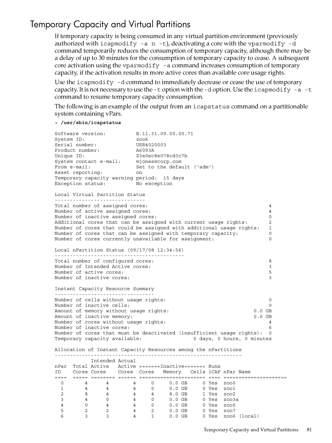 HP Instant Capacity (iCAP) manual Temporary Capacity and Virtual Partitions, Usr/sbin/icapstatus 