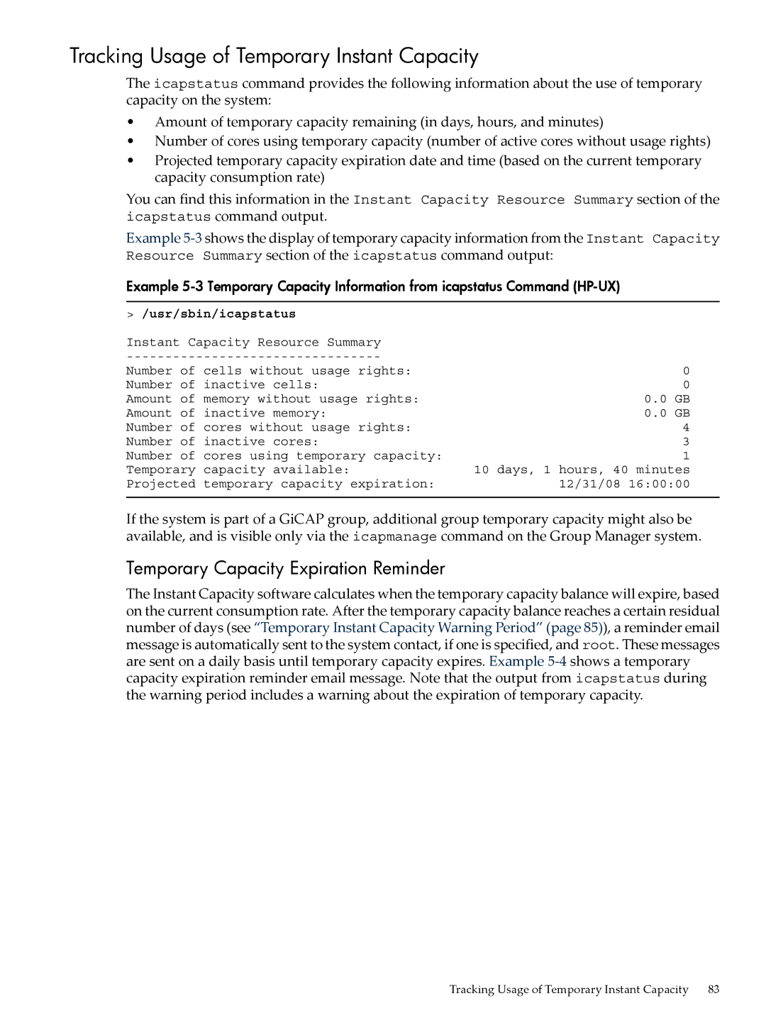 HP Instant Capacity (iCAP) manual Tracking Usage of Temporary Instant Capacity, Temporary Capacity Expiration Reminder 