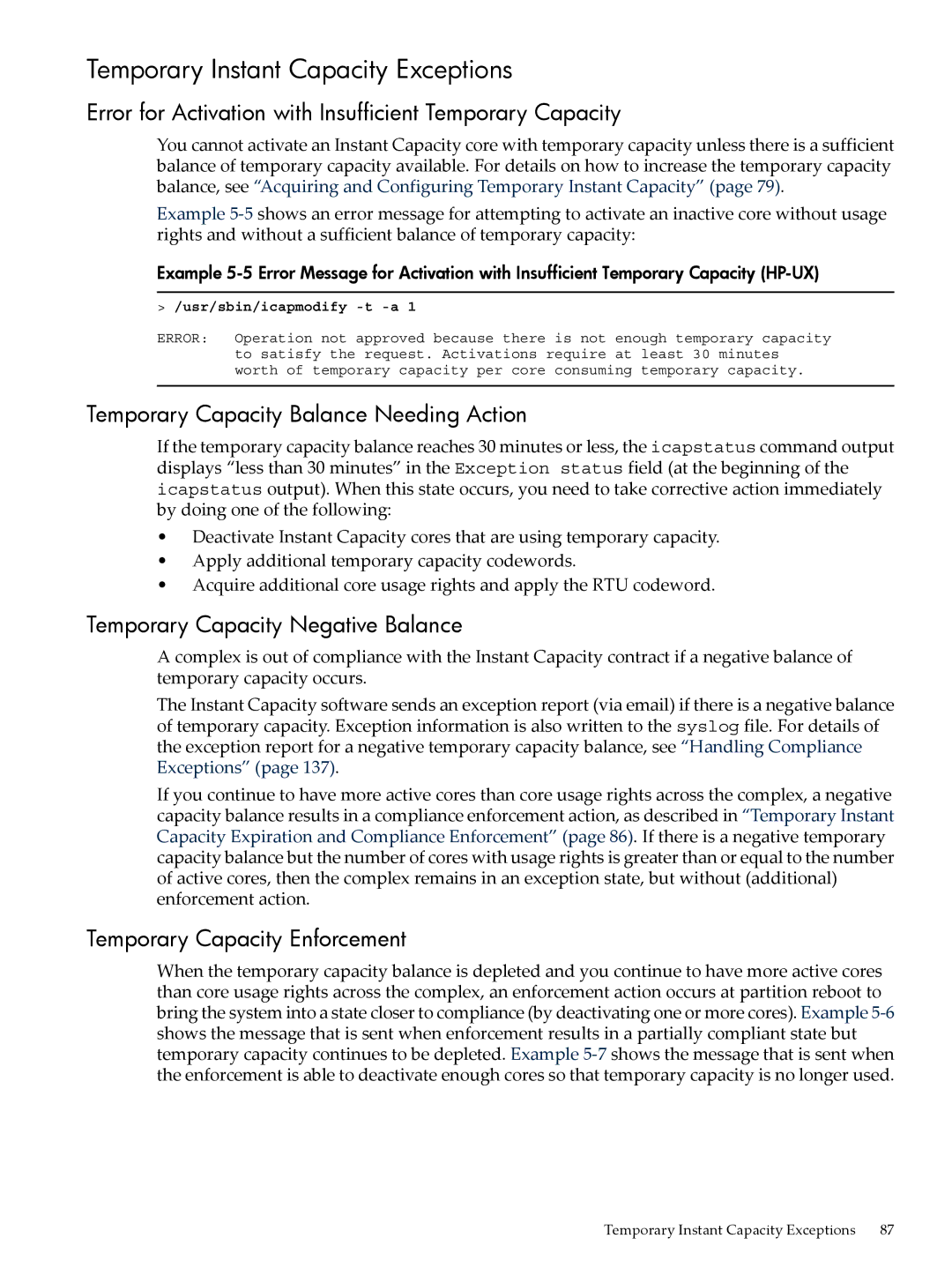 HP Instant Capacity (iCAP) manual Temporary Instant Capacity Exceptions, Temporary Capacity Balance Needing Action 