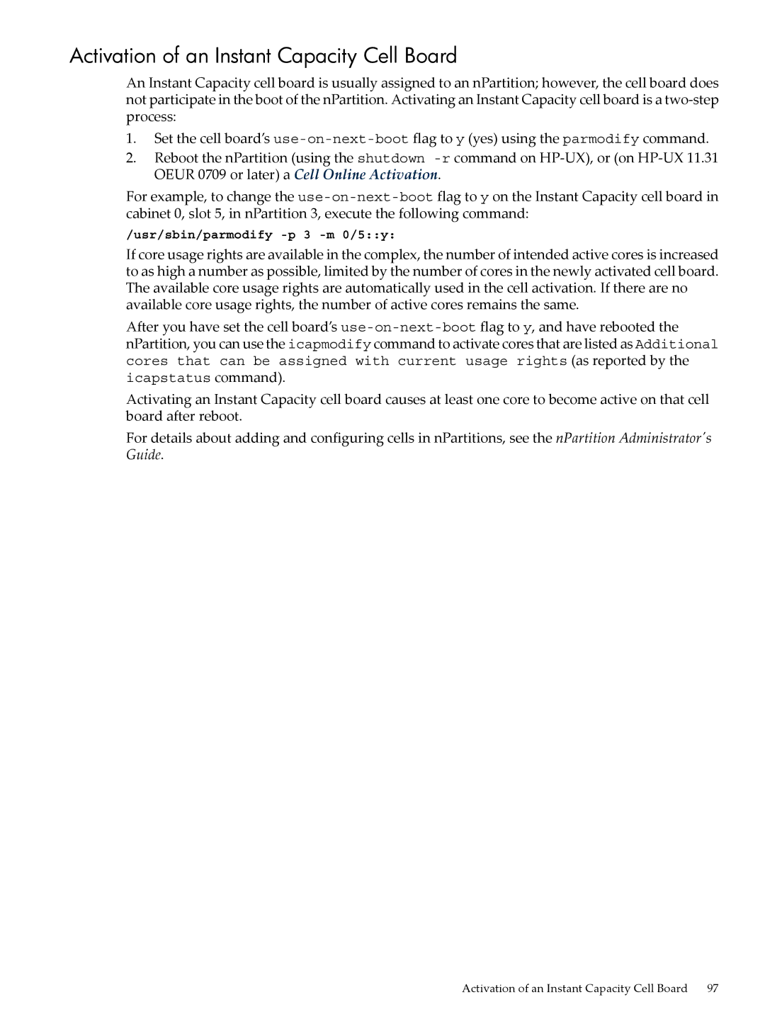 HP Instant Capacity (iCAP) manual Activation of an Instant Capacity Cell Board 