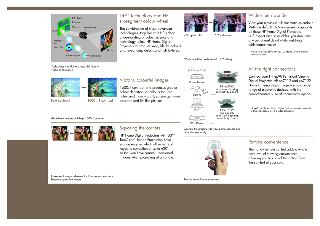 HP Instant Cinema Ep9012 DLP Technology and HP, Six-segment colour wheel, Widescreen wonder, Vibrant, colourful images 