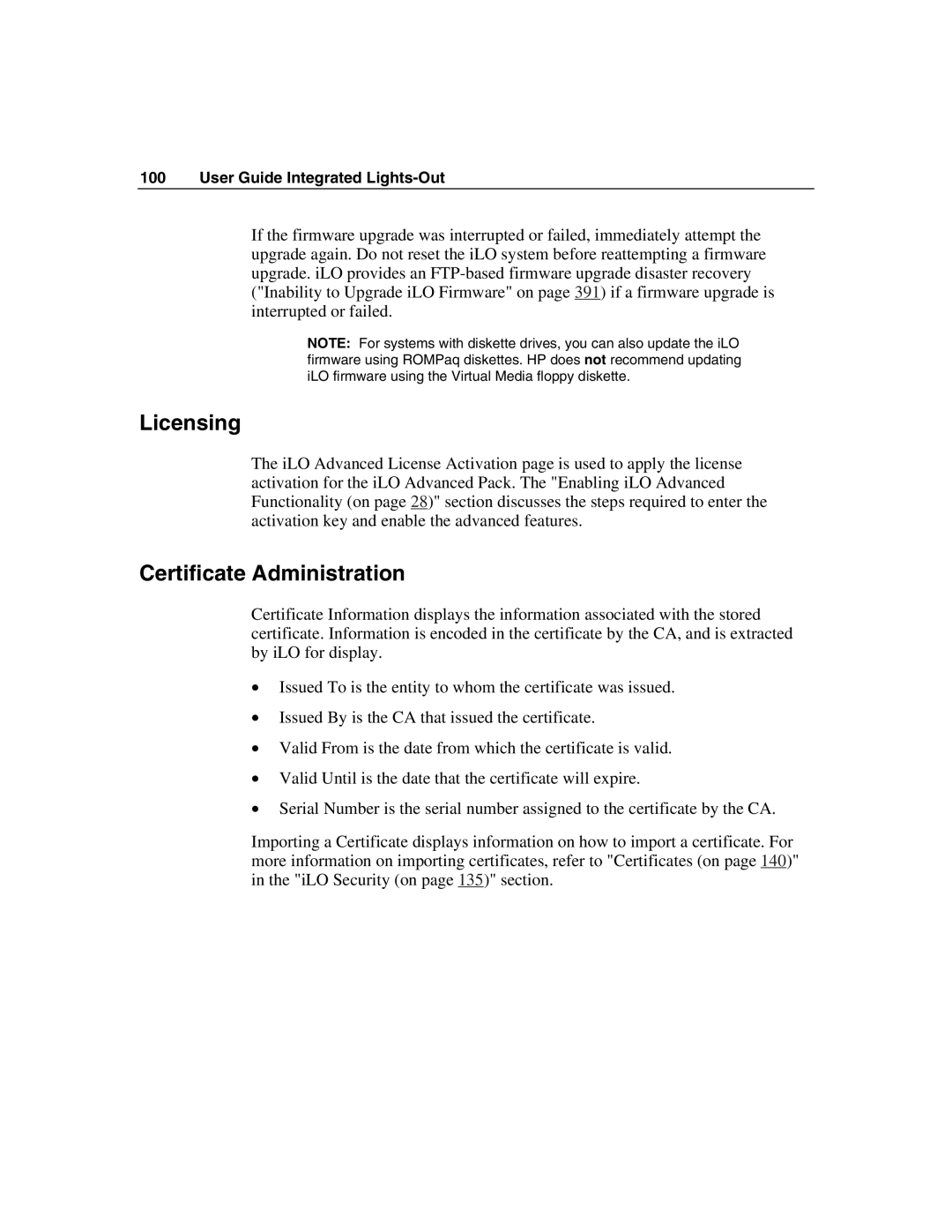 HP Integrated Lights-Out manual Licensing, Certificate Administration 