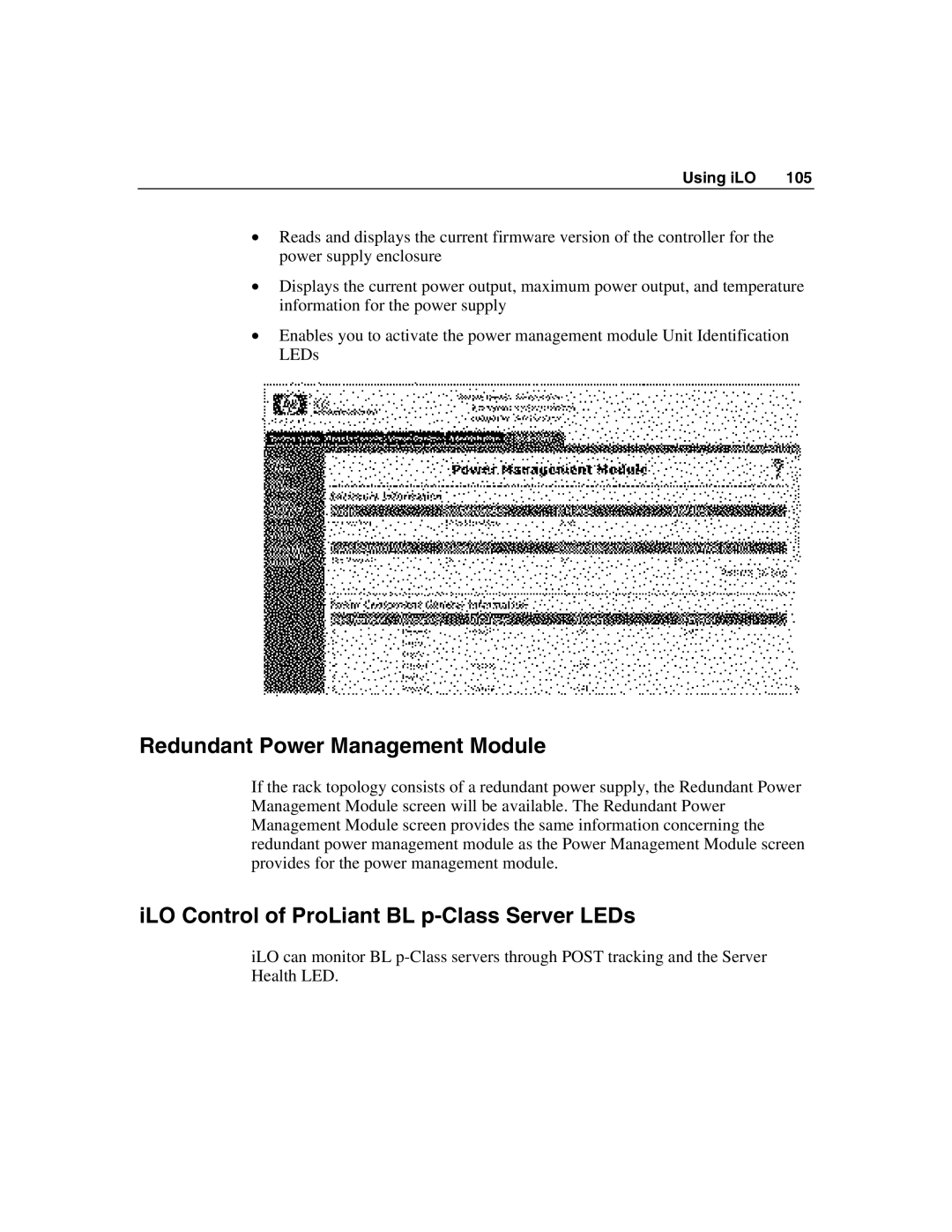 HP Integrated Lights-Out manual Redundant Power Management Module, ILO Control of ProLiant BL p-Class Server LEDs 