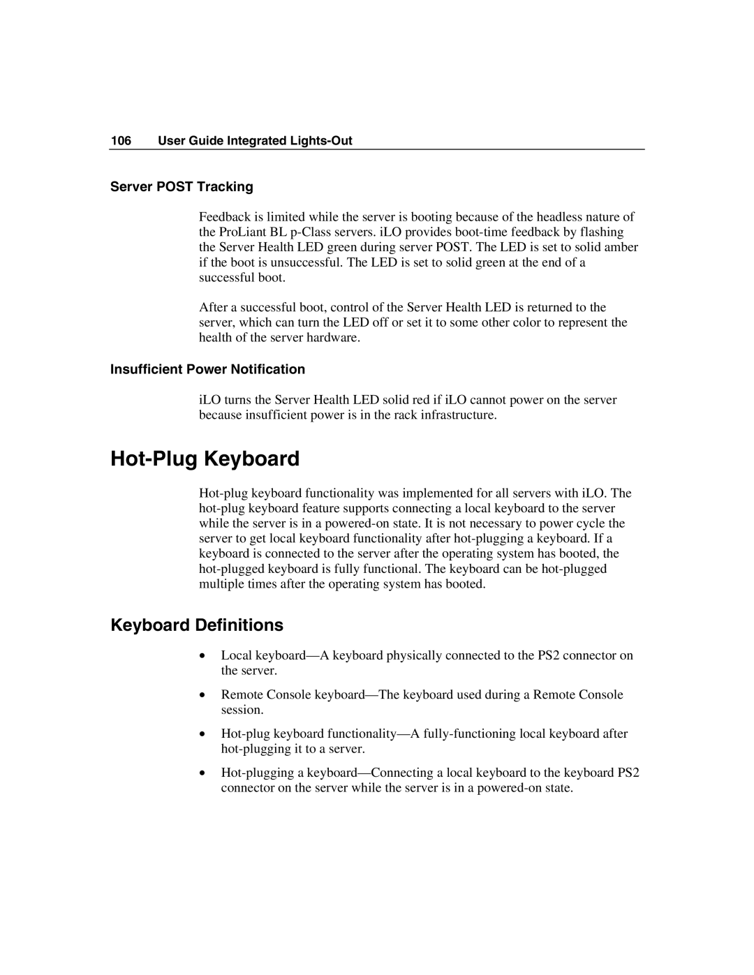 HP Integrated Lights-Out Hot-Plug Keyboard, Keyboard Definitions, Server Post Tracking, Insufficient Power Notification 