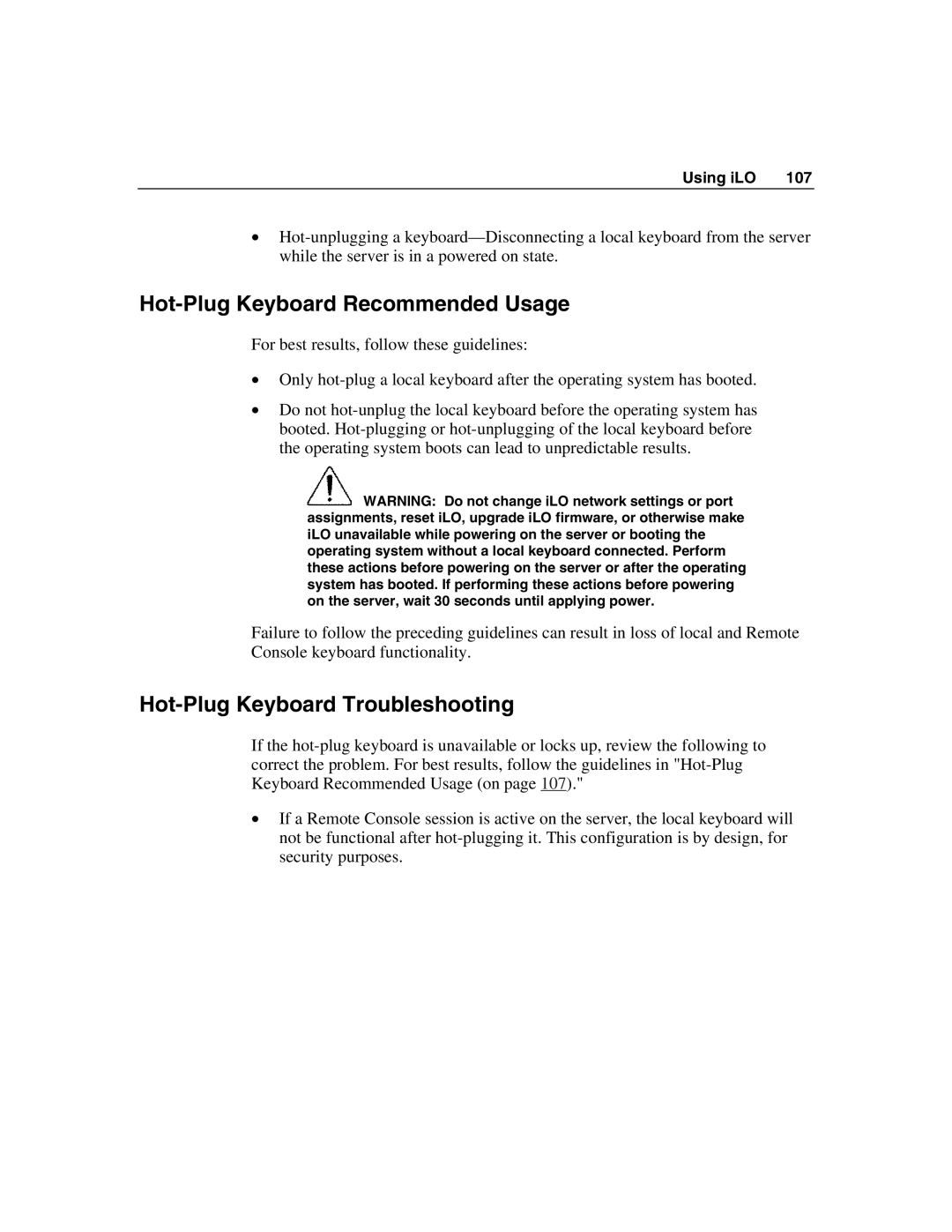 HP Integrated Lights-Out manual Hot-Plug Keyboard Recommended Usage, Hot-Plug Keyboard Troubleshooting 