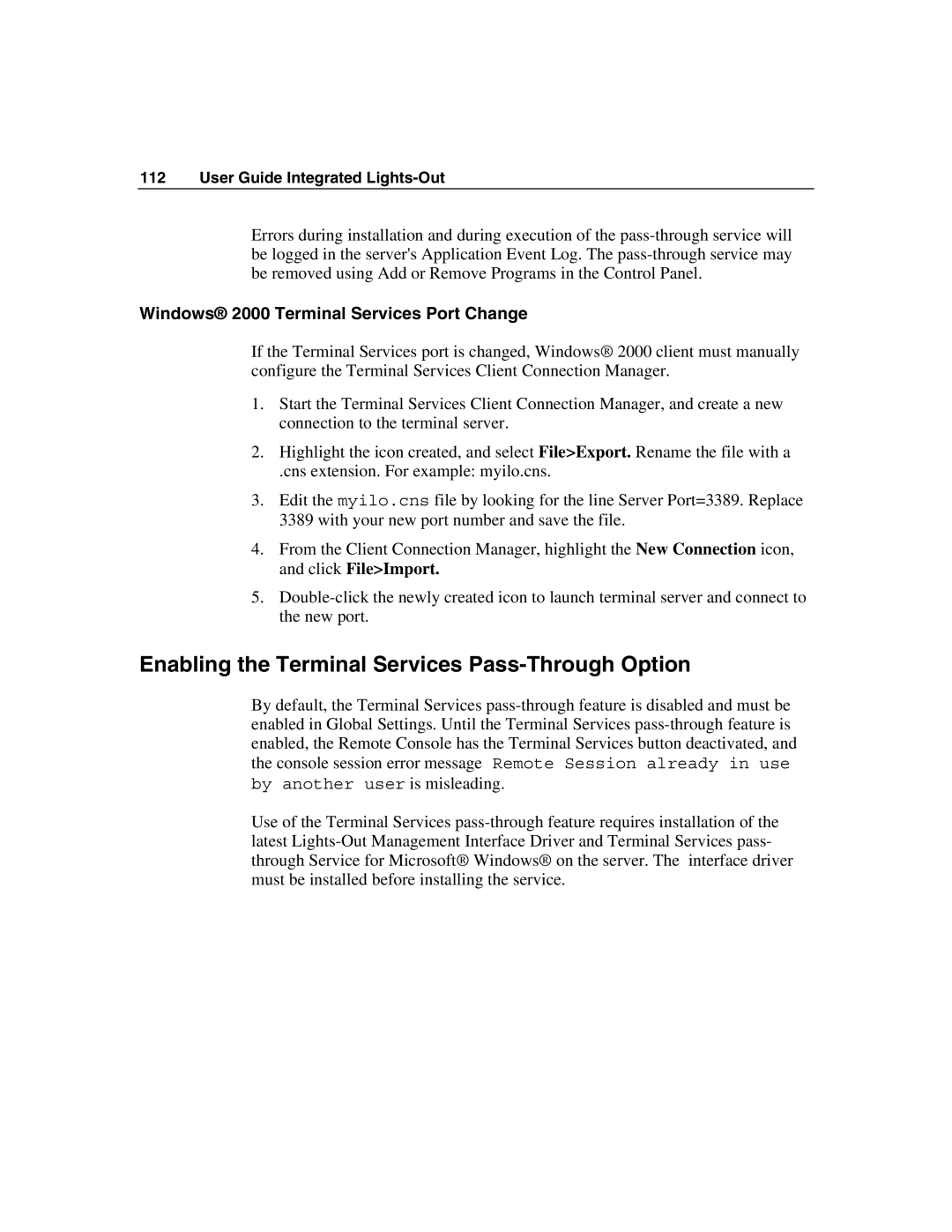 HP Integrated Lights-Out Enabling the Terminal Services Pass-Through Option, Windows 2000 Terminal Services Port Change 