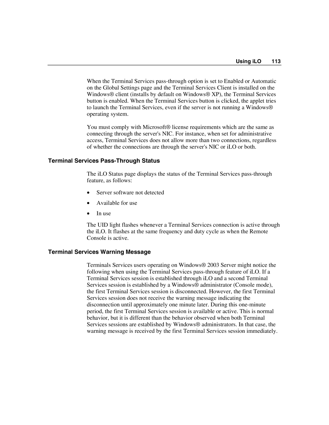 HP Integrated Lights-Out manual Terminal Services Pass-Through Status, Terminal Services Warning Message 