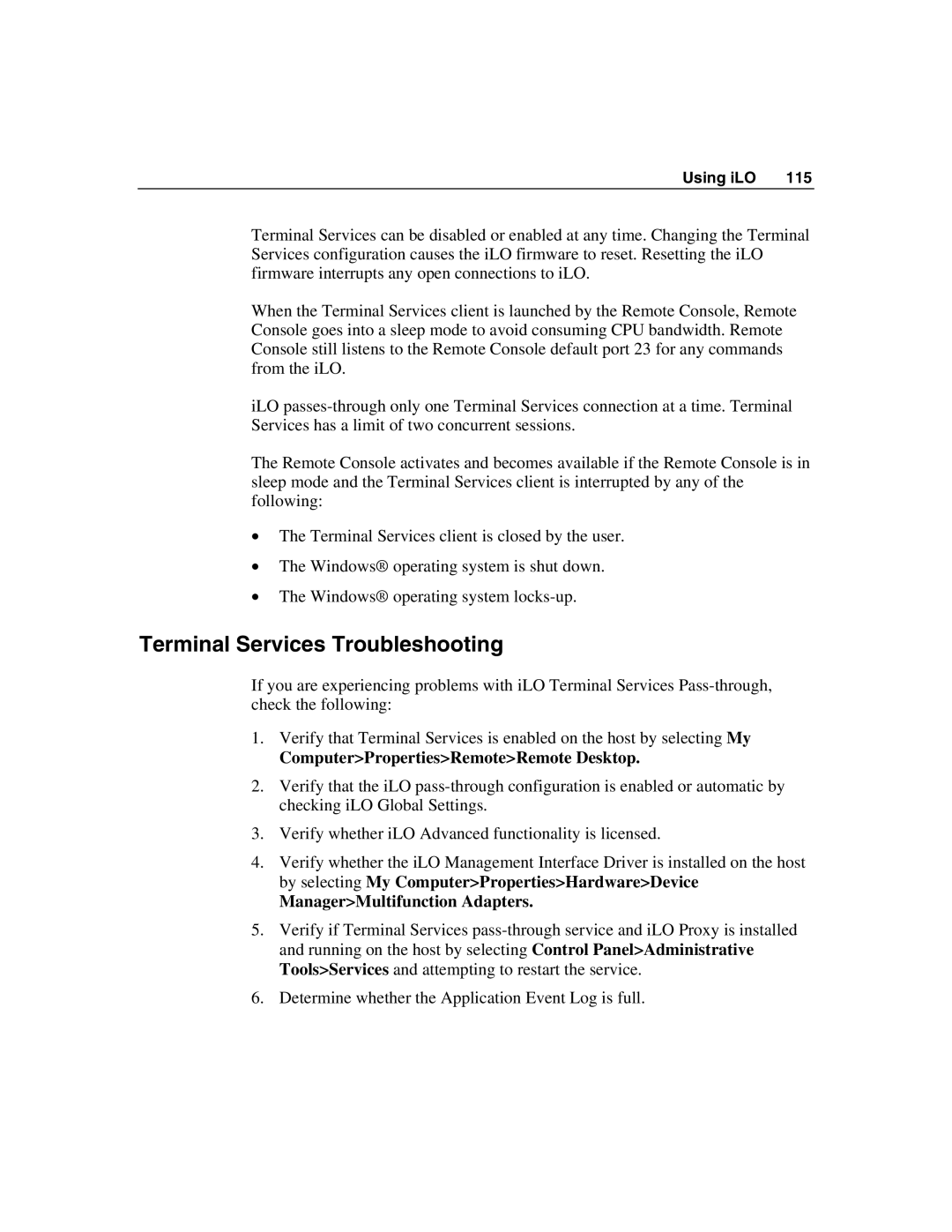 HP Integrated Lights-Out manual Terminal Services Troubleshooting, ComputerPropertiesRemoteRemote Desktop 