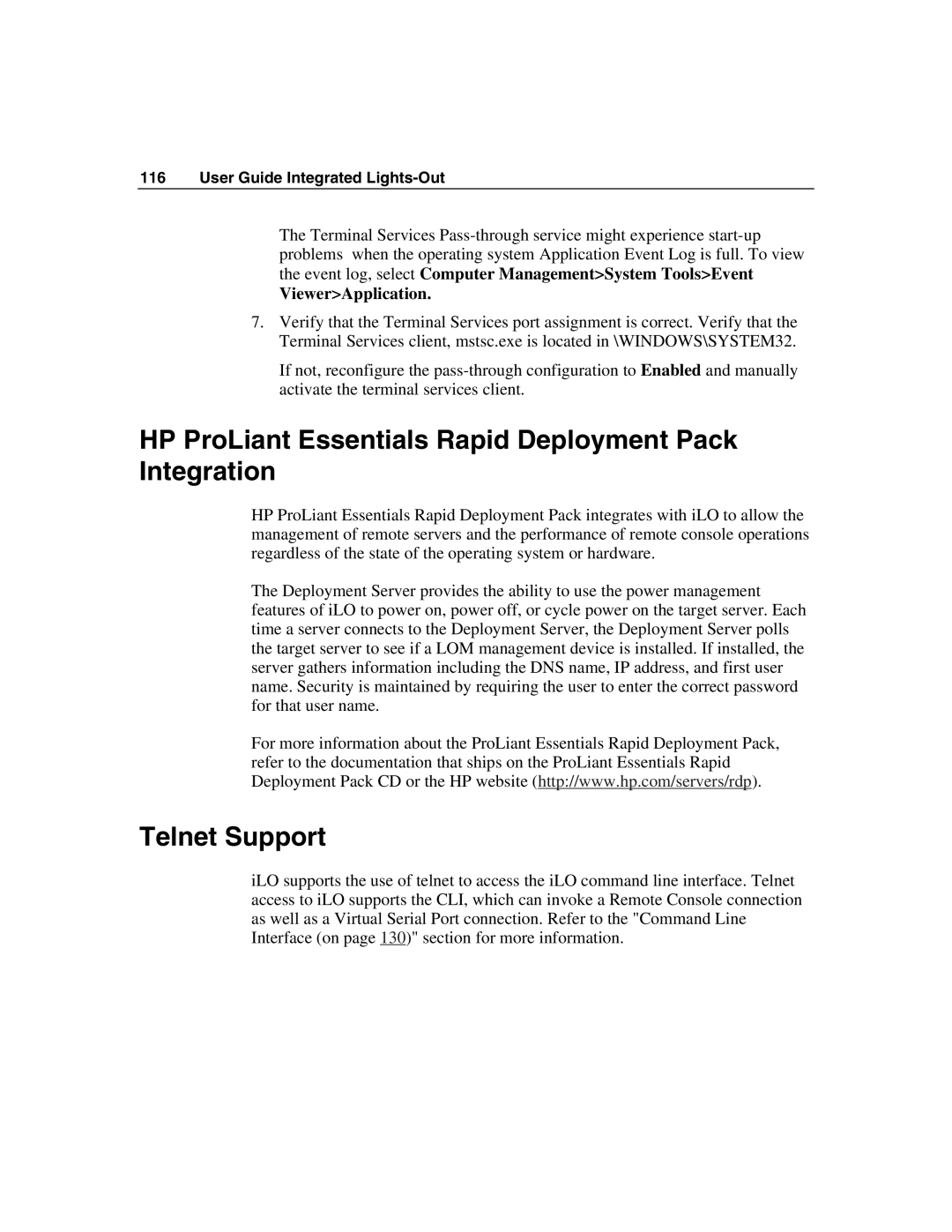 HP Integrated Lights-Out manual HP ProLiant Essentials Rapid Deployment Pack Integration, Telnet Support, ViewerApplication 