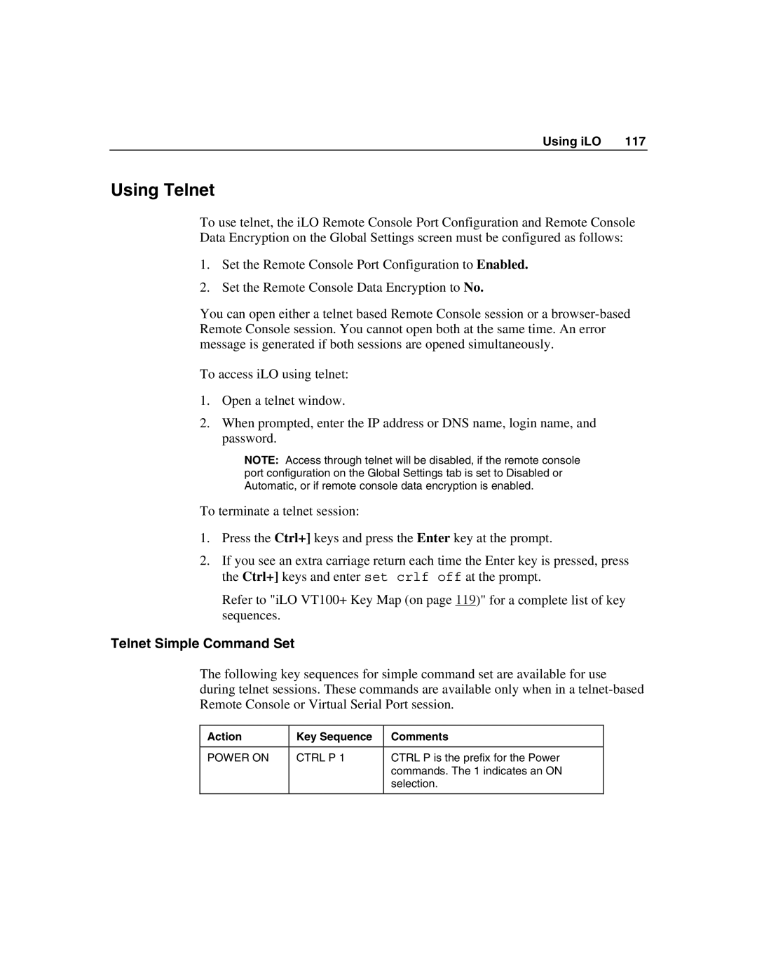 HP Integrated Lights-Out manual Using Telnet, Telnet Simple Command Set 