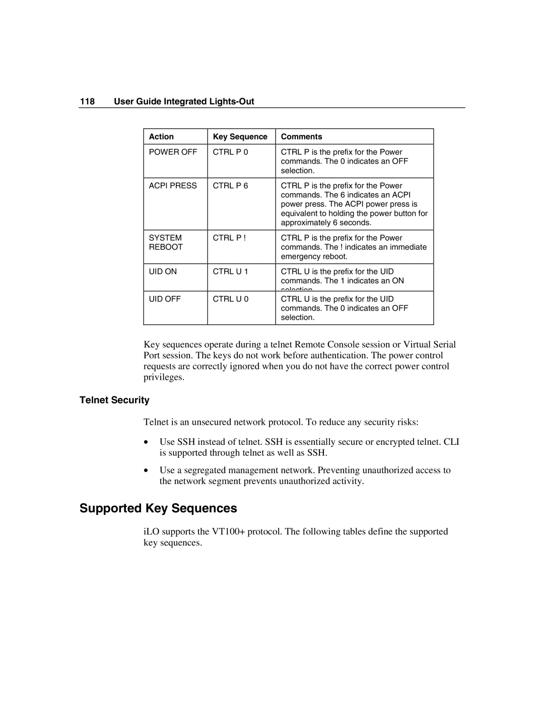 HP Integrated Lights-Out manual Supported Key Sequences, Telnet Security 