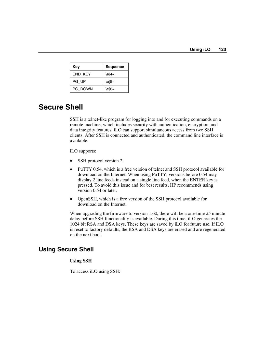 HP Integrated Lights-Out manual Using Secure Shell, Using SSH 