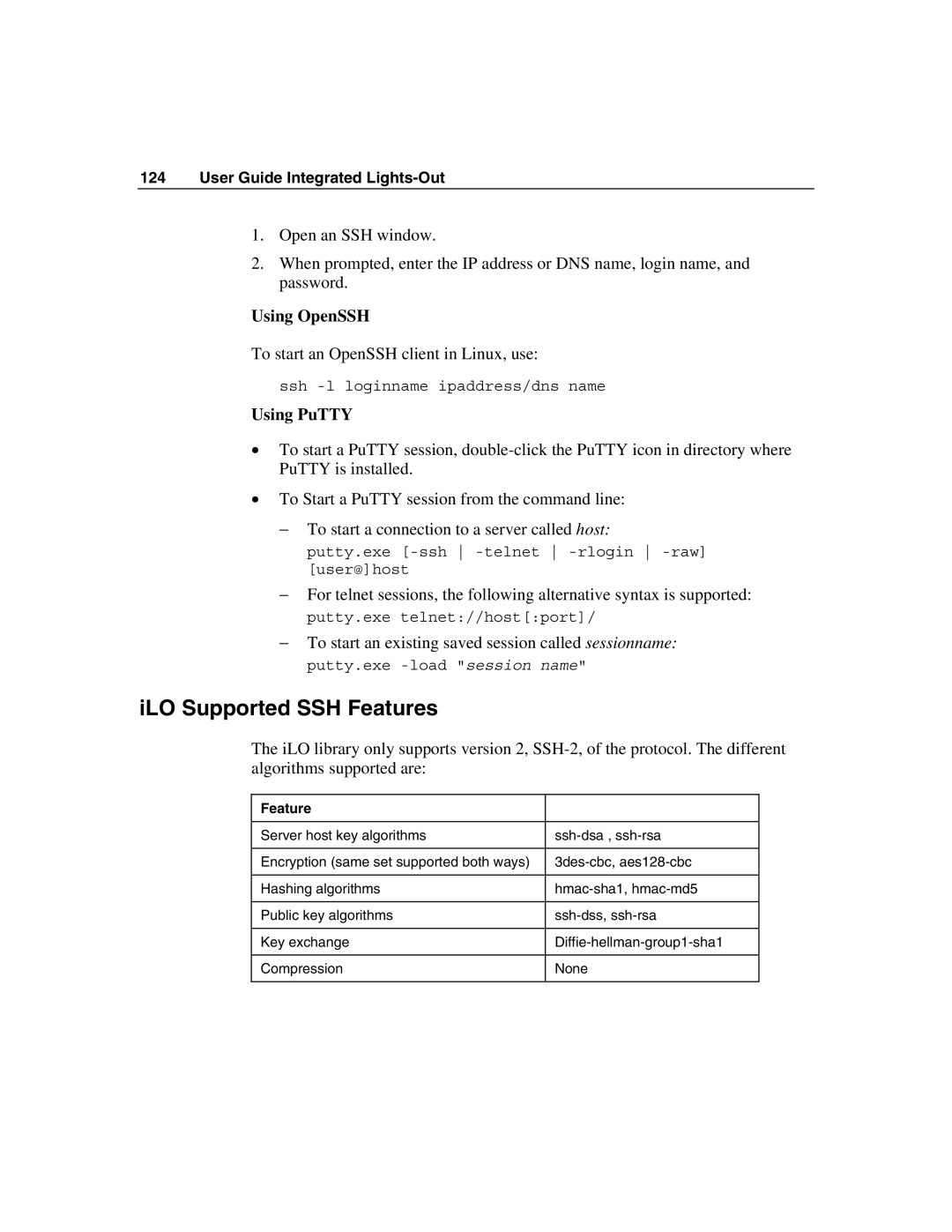 HP Integrated Lights-Out manual ILO Supported SSH Features, Using OpenSSH, Using PuTTY 