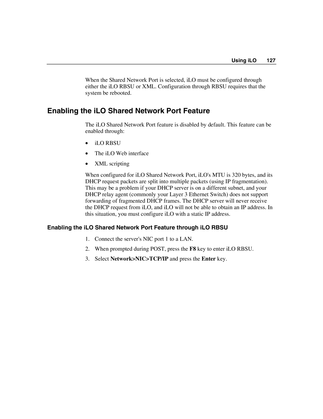 HP Integrated Lights-Out manual Enabling the iLO Shared Network Port Feature 