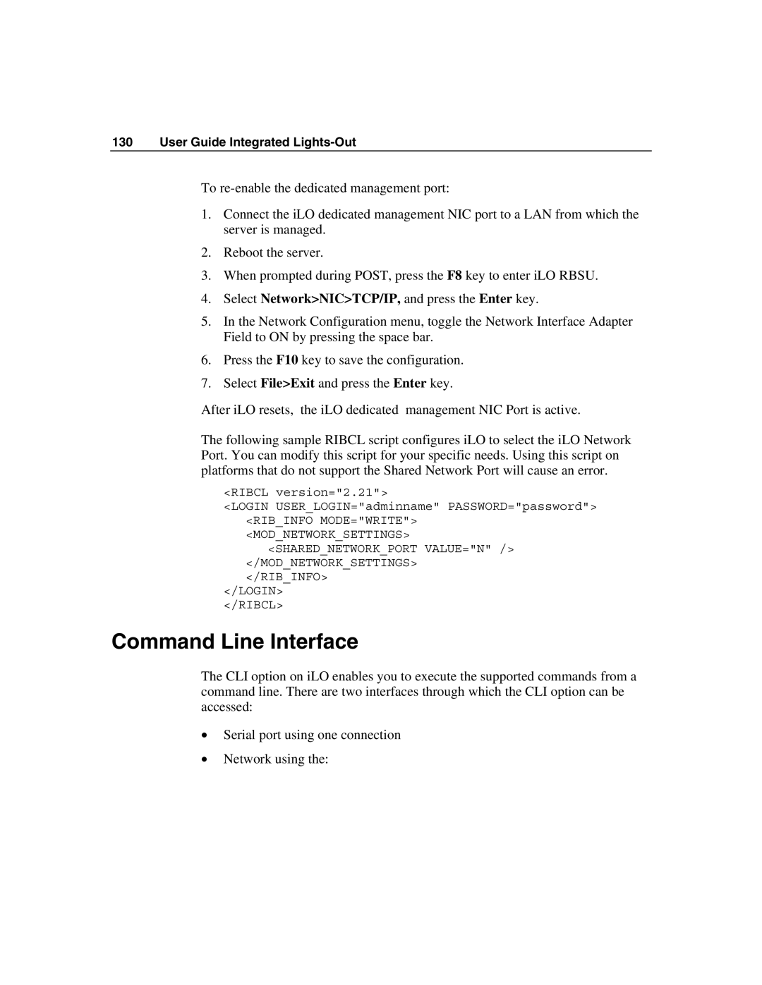 HP Integrated Lights-Out manual Command Line Interface, Select NetworkNICTCP/IP, and press the Enter key 