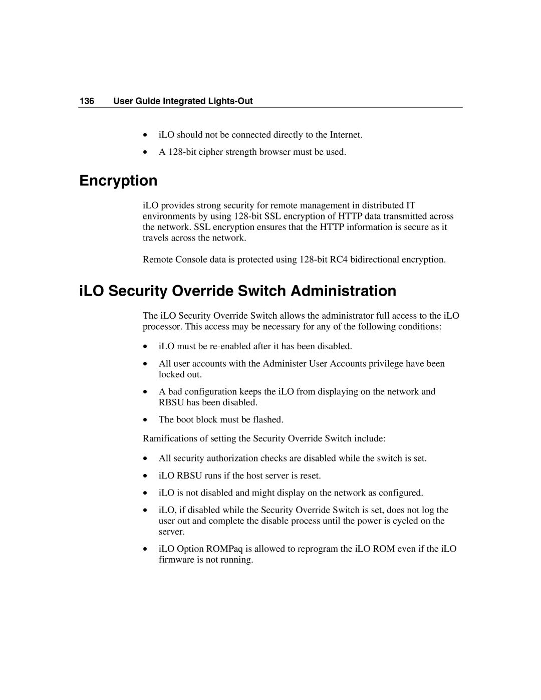 HP Integrated Lights-Out manual Encryption, ILO Security Override Switch Administration 