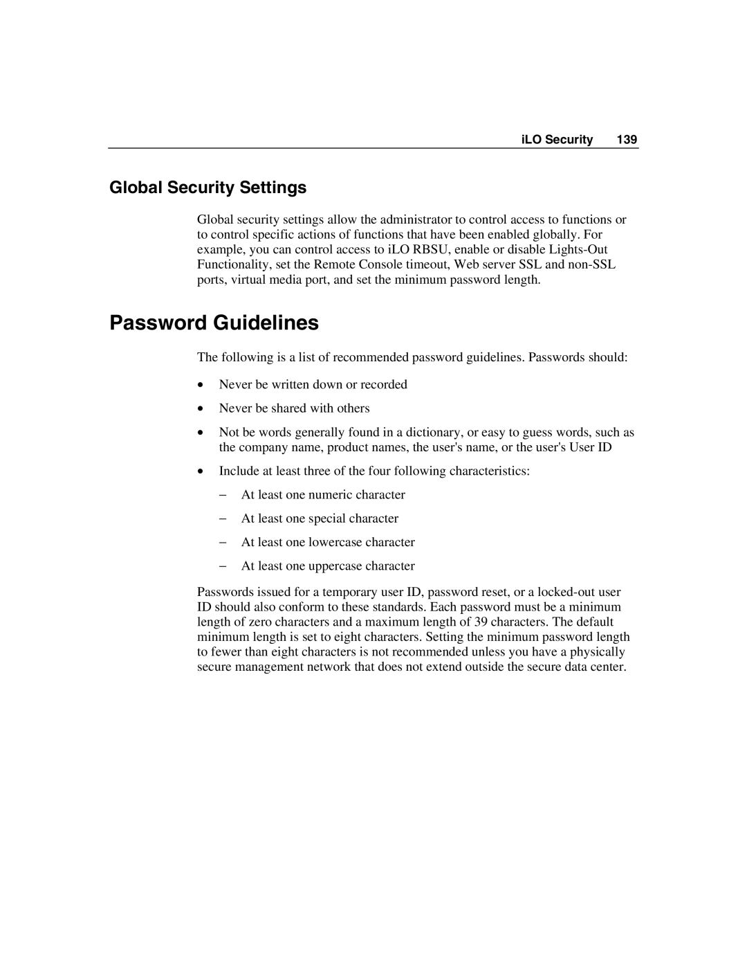 HP Integrated Lights-Out manual Password Guidelines, Global Security Settings 