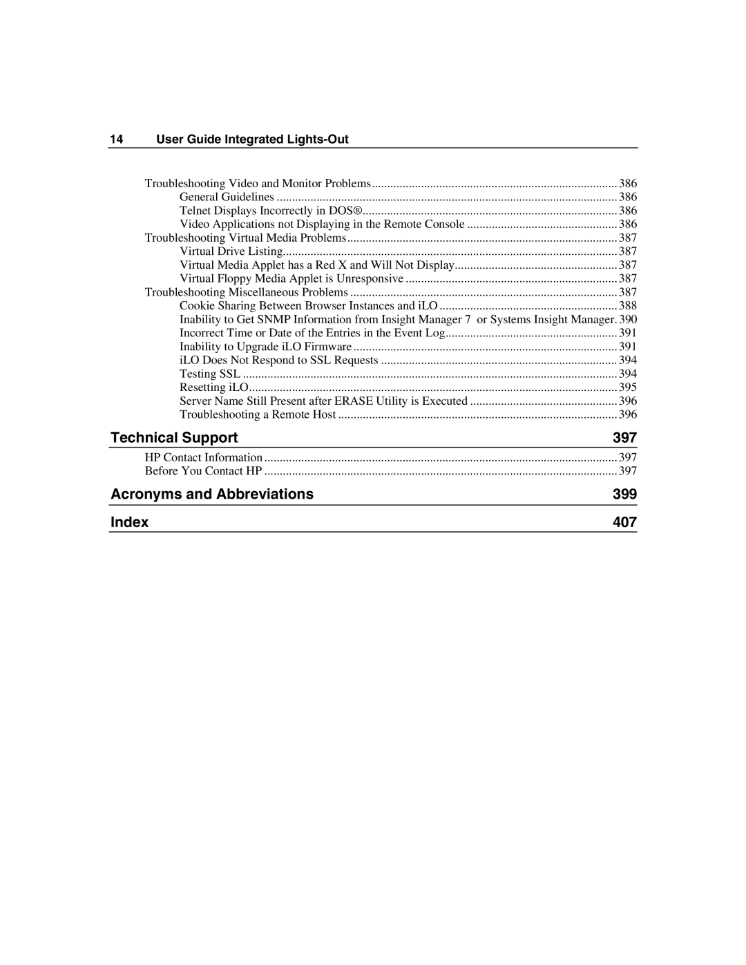 HP Integrated Lights-Out manual Technical Support 397 