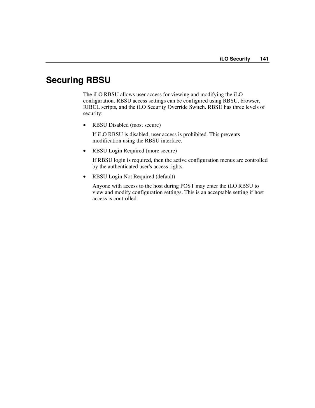 HP Integrated Lights-Out manual Securing Rbsu 