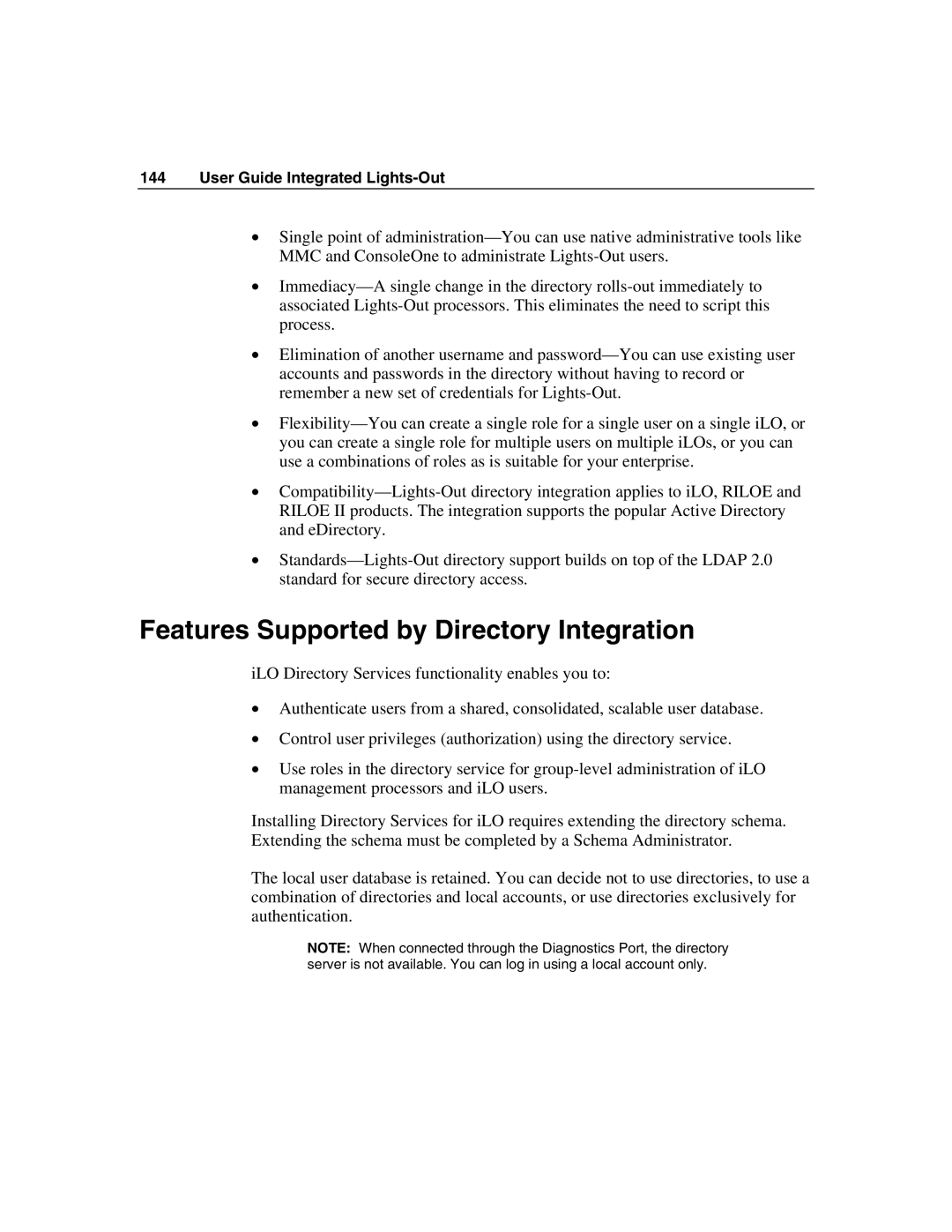 HP Integrated Lights-Out manual Features Supported by Directory Integration 