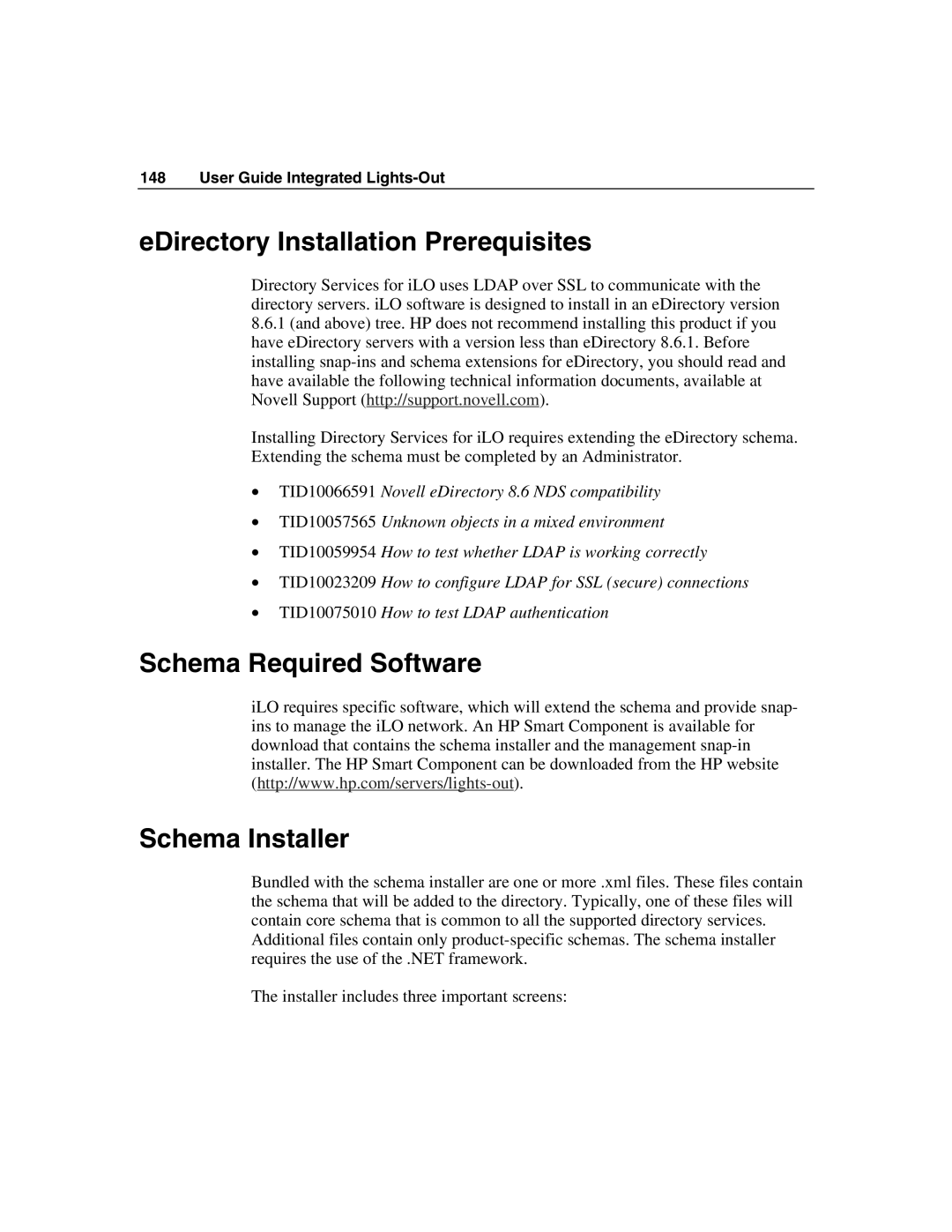 HP Integrated Lights-Out manual EDirectory Installation Prerequisites, Schema Required Software Schema Installer 