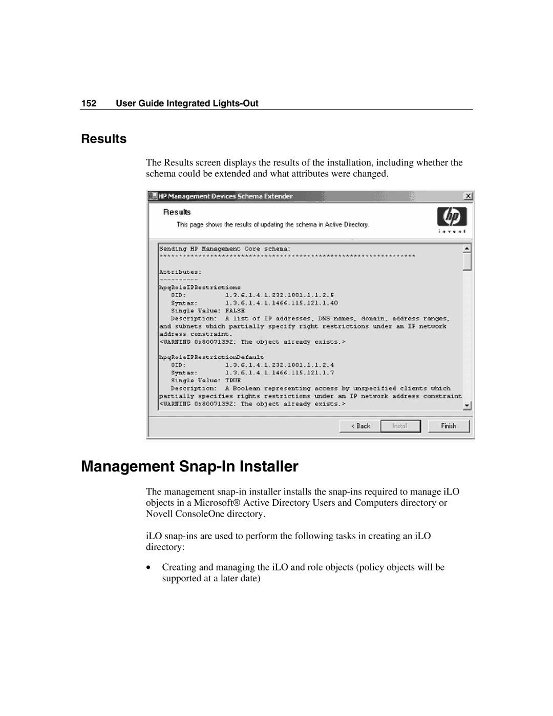 HP Integrated Lights-Out manual Management Snap-In Installer, Results 