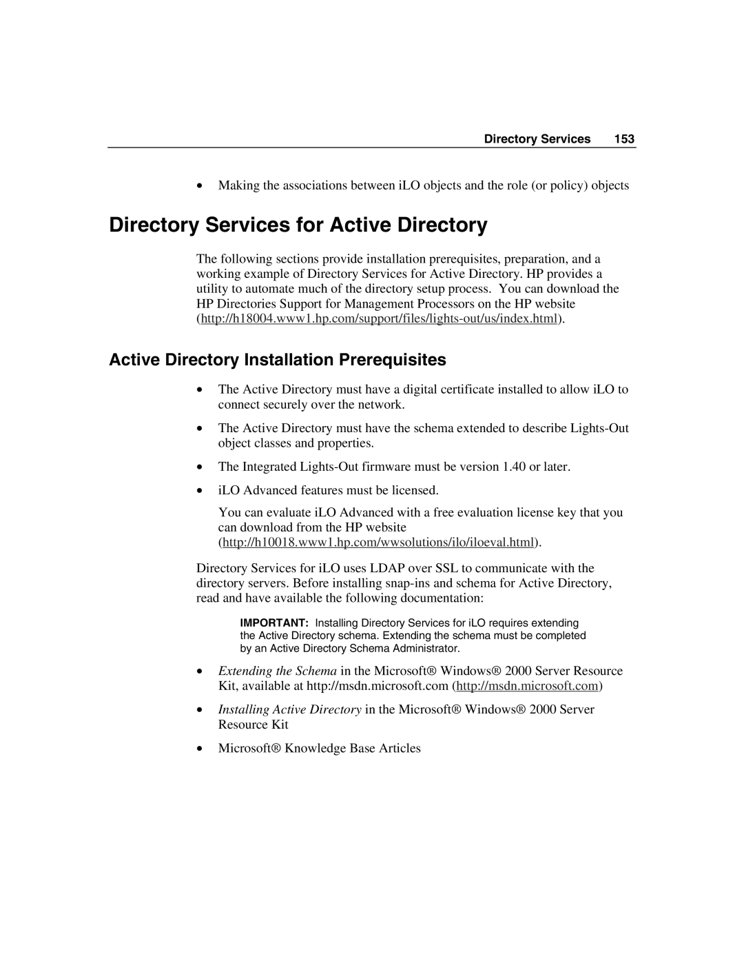 HP Integrated Lights-Out manual Directory Services for Active Directory, Active Directory Installation Prerequisites 