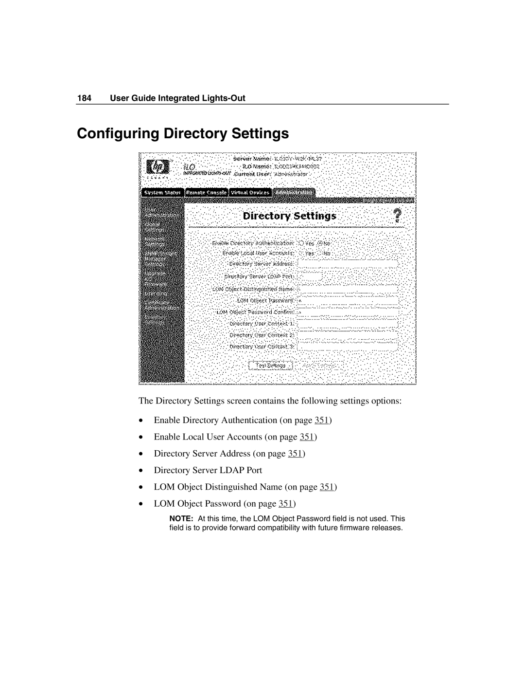 HP Integrated Lights-Out manual Configuring Directory Settings 