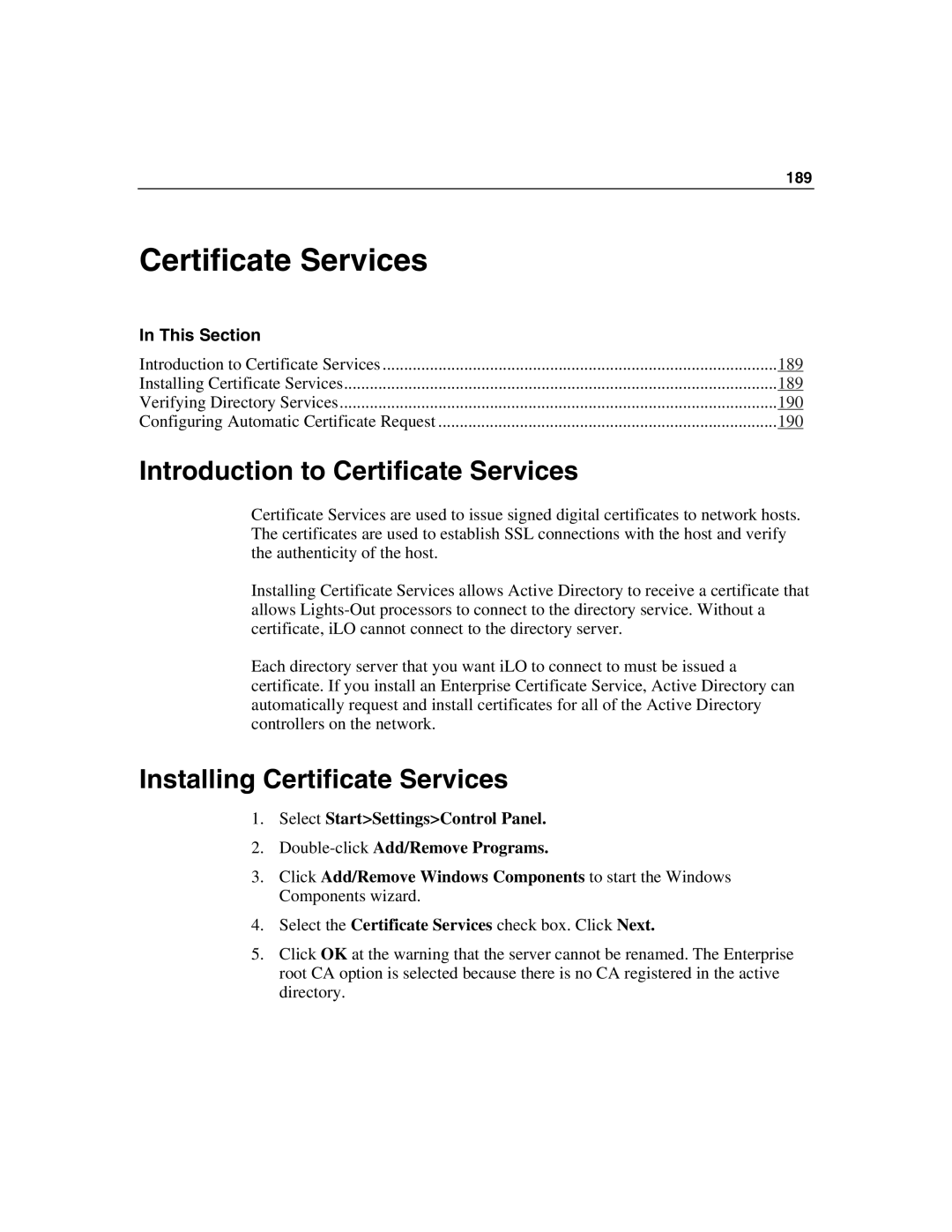 HP Integrated Lights-Out manual Introduction to Certificate Services, Installing Certificate Services 